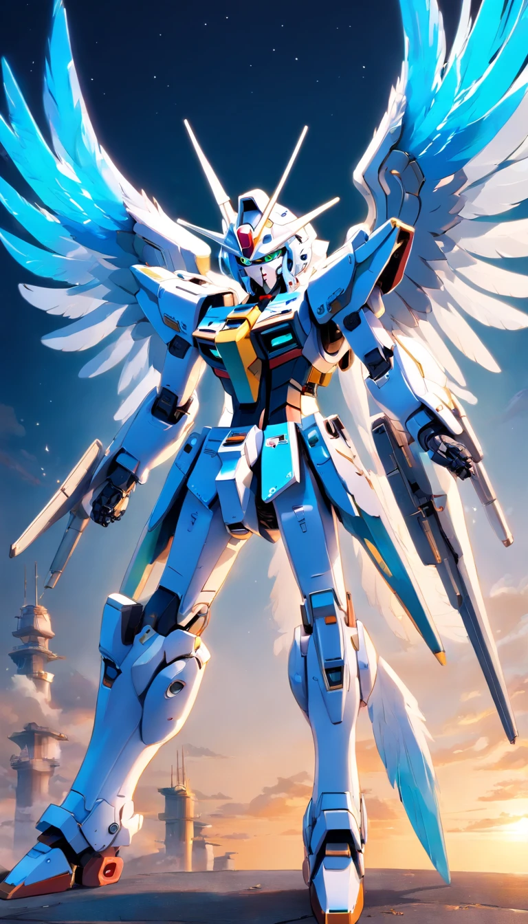 Arafat model of a white-and-blue robot with wings, Mech Wings, Gundam Wings Armor, Armor angle with wing, Gundam, Weitwinkel-Engelsschuss, Size, white, glowing wings, Hoher Engel Fernschuss, GUNPLA, Super breiter Engel, Nahaufnahme Winkel, Wingspan, with wings. Ultra-detailliert, huge feathered wings, Gundam has the shape of a windmill, Hatsune Miku, absurd lange Haare, Big hair, blaues Haar, twintails, Hasenohr Haarschmuck