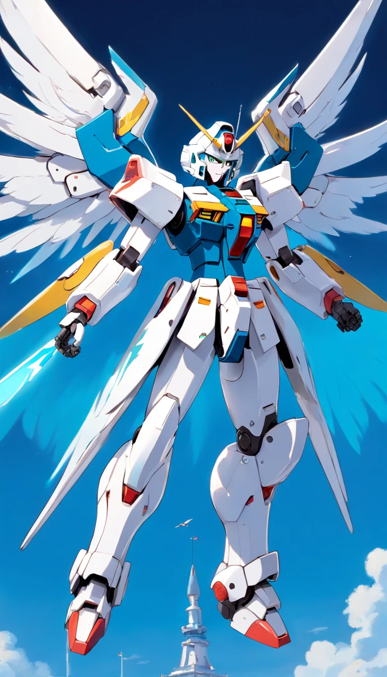Arafat model of a white-and-blue robot with wings, Mech Wings, Gundam Wings Armor, Armor angle with wing, Gundam, Weitwinkel-Engelsschuss, Size, white, glowing wings, Hoher Engel Fernschuss, GUNPLA, Super breiter Engel, Nahaufnahme Winkel, Wingspan, with wings. Ultra-detailliert, huge feathered wings, Gundam has the shape of a windmill, Hatsune Miku, absurd lange Haare, Big hair, blaues Haar, twintails, Hasenohr Haarschmuck