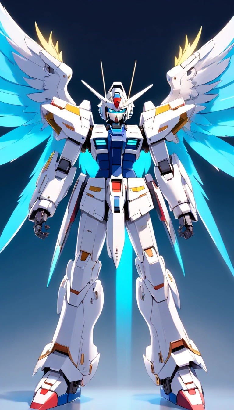 Arafat model of a white-and-blue robot with wings, Mech Wings, Gundam Wings Armor, Armor angle with wing, Gundam, Weitwinkel-Engelsschuss, Size, white, glowing wings, Hoher Engel Fernschuss, GUNPLA, Super breiter Engel, Nahaufnahme Winkel, Wingspan, with wings. Ultra-detailliert, huge feathered wings, Gundam has the shape of a windmill, Hatsune Miku, absurd lange Haare, Big hair, blaues Haar, twintails, Hasenohr Haarschmuck
