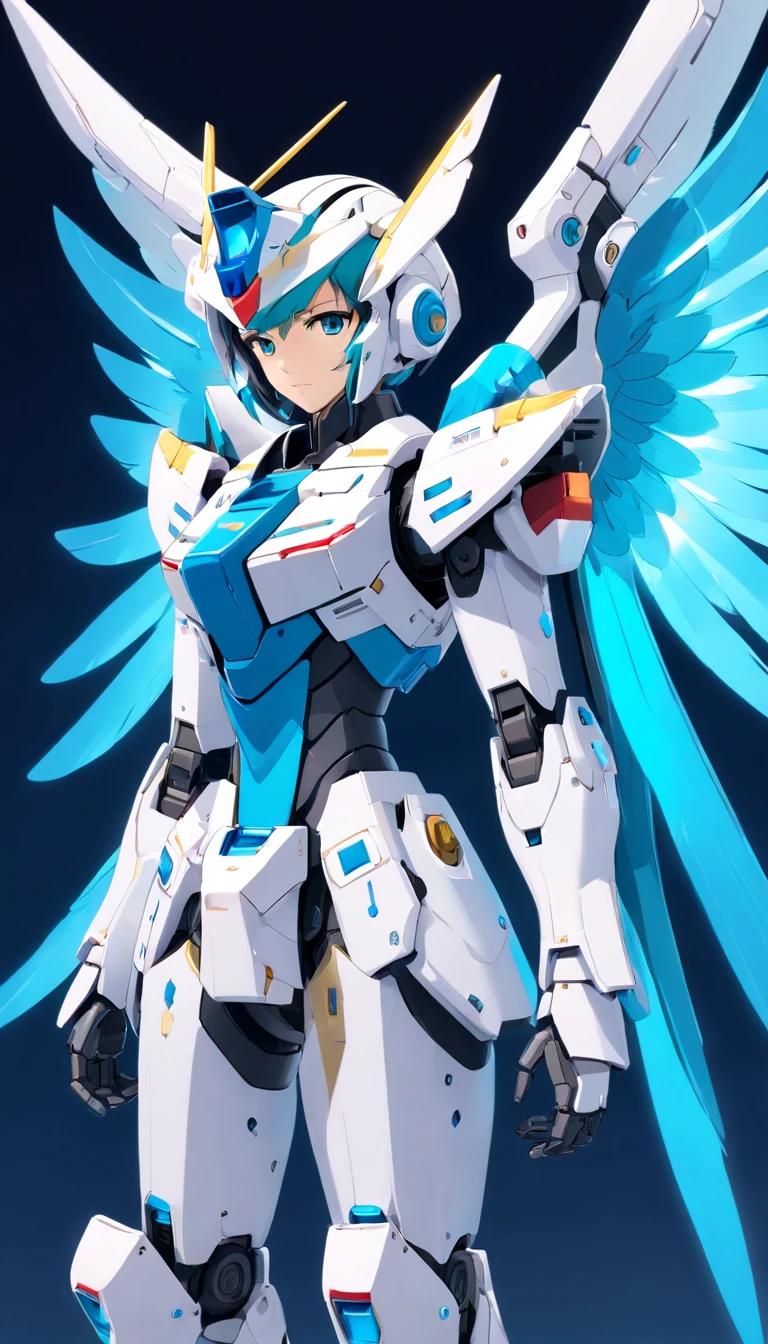 Arafat model of a white-and-blue robot with wings, Mech Wings, Gundam Wings Armor, Armor angle with wing, Gundam, Weitwinkel-Engelsschuss, Size, white, glowing wings, Hoher Engel Fernschuss, GUNPLA, Super breiter Engel, Nahaufnahme Winkel, Wingspan, with wings. Ultra-detailliert, huge feathered wings, Gundam has the shape of a windmill, Hatsune Miku, absurd lange Haare, Big hair, blaues Haar, twintails, Hasenohr Haarschmuck