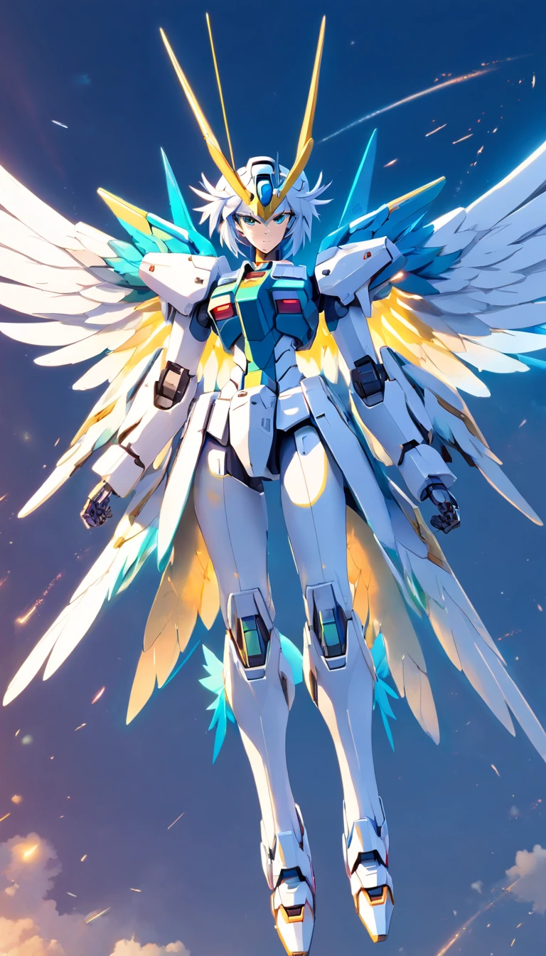 Arafat model of a white-and-blue robot with wings, Mech Wings, Gundam Wings Armor, Armor angle with wing, Gundam, Weitwinkel-Engelsschuss, Size, white, glowing wings, Hoher Engel Fernschuss, GUNPLA, Super breiter Engel, Nahaufnahme Winkel, Wingspan, with wings. Ultra-detailliert, huge feathered wings, Gundam has the shape of a windmill, Hatsune Miku, absurd lange Haare, Big hair, blaues Haar, twintails, Hasenohr Haarschmuck