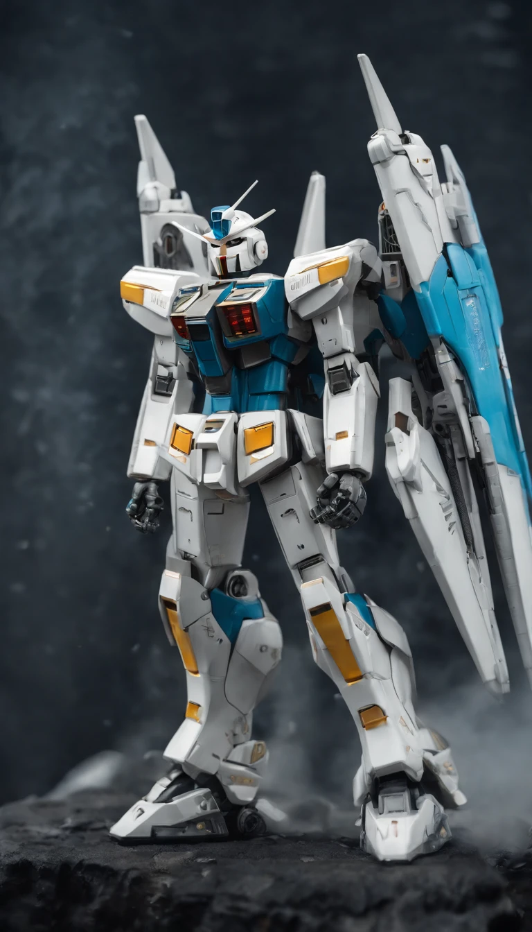Arafat model of a white-and-blue robot with wings, Mech Wings, Gundam Wings Armor, Armor angle with wing, Gundam, Weitwinkel-Engelsschuss, Size, white, glowing wings, Hoher Engel Fernschuss, GUNPLA, Super breiter Engel, Nahaufnahme Winkel, Wingspan, with wings. Ultra-detailliert, huge feathered wings, Gundam has the shape of a windmill, Hatsune Miku, absurd lange Haare, Big hair, blaues Haar, twintails, Hasenohr Haarschmuck