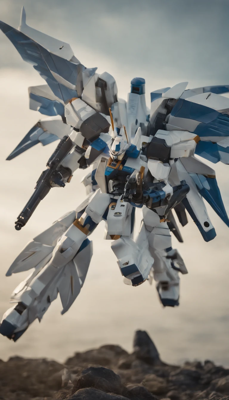 Arafat model of a white-and-blue robot with wings, Mech Wings, Gundam Wings Armor, Armor angle with wing, Gundam, Weitwinkel-Engelsschuss, Size, white, glowing wings, Hoher Engel Fernschuss, GUNPLA, Super breiter Engel, Nahaufnahme Winkel, Wingspan, with wings. Ultra-detailliert, huge feathered wings, Gundam has the shape of a windmill, Hatsune Miku, absurd lange Haare, Big hair, blaues Haar, twintails, Hasenohr Haarschmuck