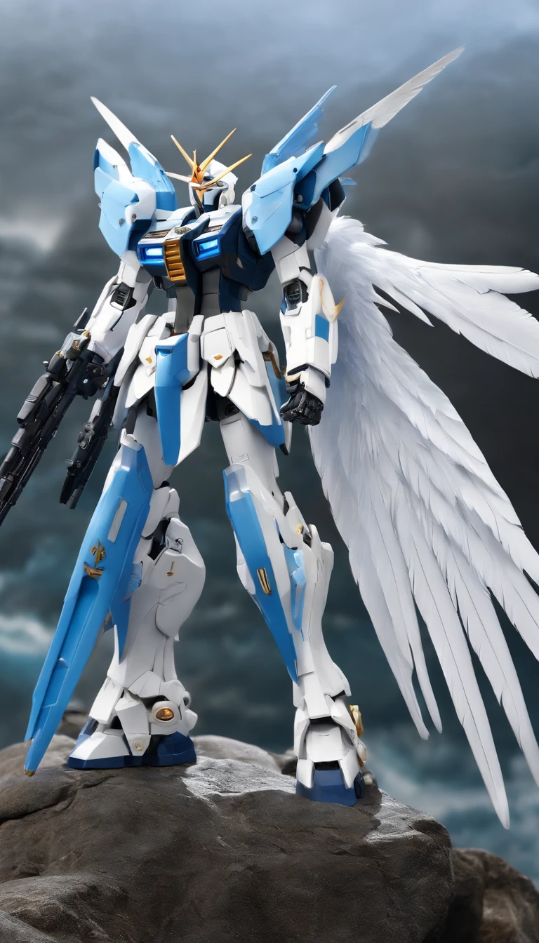 Arafat model of a white-and-blue robot with wings, Mech Wings, Gundam Wings Armor, Armor angle with wing, Gundam, Weitwinkel-Engelsschuss, Size, white, glowing wings, Hoher Engel Fernschuss, GUNPLA, Super breiter Engel, Nahaufnahme Winkel, Wingspan, with wings. Ultra-detailliert, huge feathered wings, Gundam has the shape of a windmill, Hatsune Miku, absurd lange Haare, Big hair, blaues Haar, twintails, Hasenohr Haarschmuck