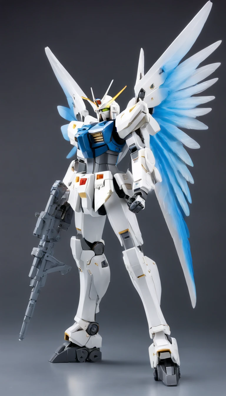 Arafat model of a white-and-blue robot with wings, Mech Wings, Gundam Wings Armor, Armor angle with wing, Gundam, Weitwinkel-Engelsschuss, Size, white, glowing wings, Hoher Engel Fernschuss, GUNPLA, Super breiter Engel, Nahaufnahme Winkel, Wingspan, with wings. Ultra-detailliert, huge feathered wings, Gundam has the shape of a windmill, Hatsune Miku, absurd lange Haare, Big hair, blaues Haar, twintails, Hasenohr Haarschmuck