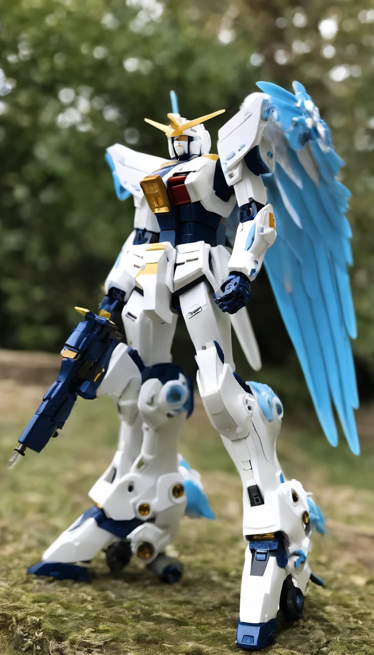 Arafat model of a white-and-blue robot with wings, Mech Wings, Gundam Wings Armor, Armor angle with wing, Gundam, Weitwinkel-Engelsschuss, Size, white, glowing wings, Hoher Engel Fernschuss, GUNPLA, Super breiter Engel, Nahaufnahme Winkel, Wingspan, with wings. Ultra-detailliert, huge feathered wings, Gundam has the shape of a windmill, Hatsune Miku, absurd lange Haare, Big hair, blaues Haar, twintails, Hasenohr Haarschmuck