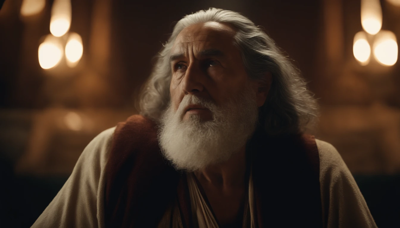 An image of old Noah's face, idoso cansado, em um plano celestial, com uma grande arca ao fundo da imagem, in a pose that represents his importance in history. Ultrarrealista. 8K
