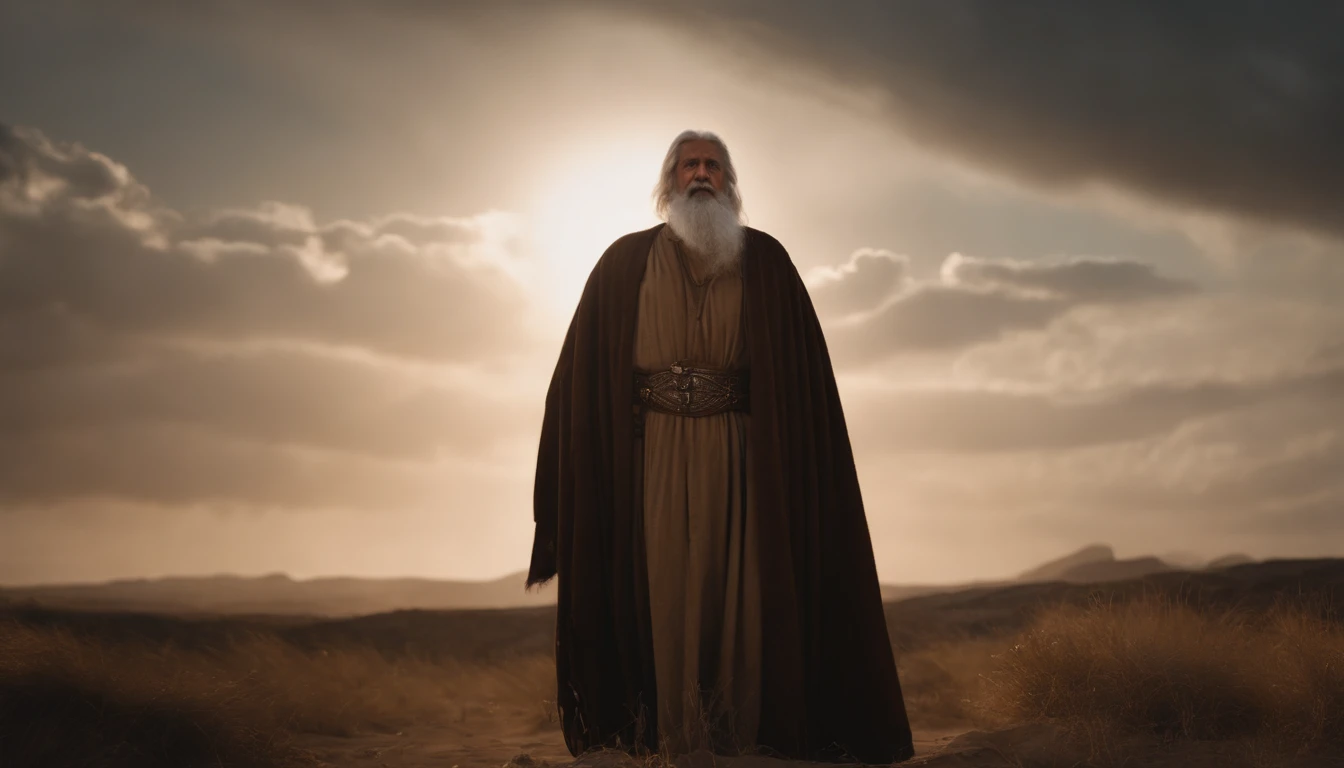 An image of old Noah's face, idoso cansado, em um plano celestial, com uma grande arca ao fundo da imagem, in a pose that represents his importance in history. Ultrarrealista. 8K