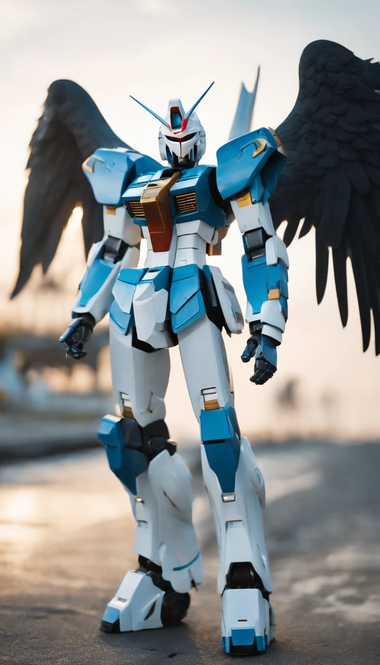 Arafat model of a white-and-blue robot with wings, Mech Wings, Gundam Wings Armor, Armor angle with wing, Gundam, Weitwinkel-Engelsschuss, Size, white, glowing wings, Hoher Engel Fernschuss, GUNPLA, Super breiter Engel, Nahaufnahme Winkel, Wingspan, with wings. Ultra-detailliert, huge feathered wings, Gundam has the shape of a windmill, Hatsune Miku, absurd lange Haare, Big hair, blaues Haar, twintails, Hasenohr Haarschmuck