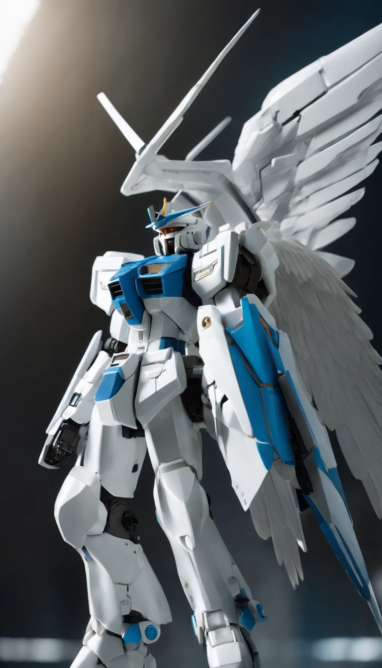 Arafat model of a white-and-blue robot with wings, Mech Wings, Gundam Wings Armor, Armor angle with wing, Gundam, Weitwinkel-Engelsschuss, Size, white, glowing wings, Hoher Engel Fernschuss, GUNPLA, Super breiter Engel, Nahaufnahme Winkel, Wingspan, with wings. Ultra-detailliert, huge feathered wings, Gundam has the shape of a windmill, Hatsune Miku, absurd lange Haare, Big hair, blaues Haar, twintails, Hasenohr Haarschmuck