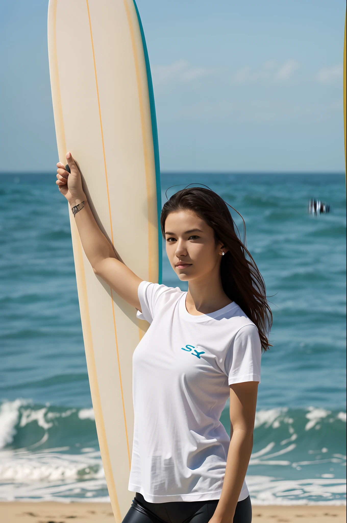 Woman in a white t-shirt, full-body shot facing the camera, with the sea in the background, and a surfboard in her hand --auto --s2