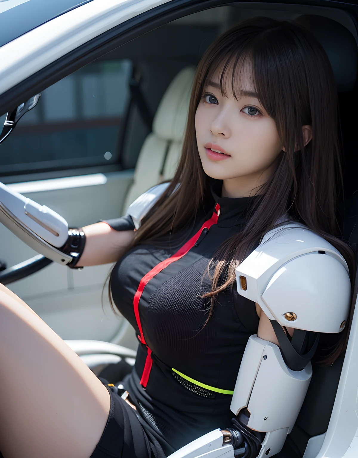 (1 Mechanical Girl)、top-quality、masterpiece、超A high resolution、Sun visor、(Photorealsitic:1.4)、Raw photo、女の子1人、Golden hair、glowy skin、(((1 Mechanical Girl)))、(LED Lamp Mechanical Helmet)、(Small LED)、((super realistic details))、portlate、globalillumination、Shadow、octan render、8K、ultrasharp、Colossal tits、Raw skin is exposed in cleavage、metals、Details of complex ornaments、Japan details、highly intricate detail、Realistic light、CGSoation Trends、Red Eyes、radiant eyes、Facing the camera、neon details、(Mechanical limbs)、(blood vessels connected to tubes)、Mechanical vertebrae attached to the back、mechanical cervical attaching to neck、(Wires and cables connecting to the head)、Gundam、Small LED、,Mechanical thighs、Toostock、