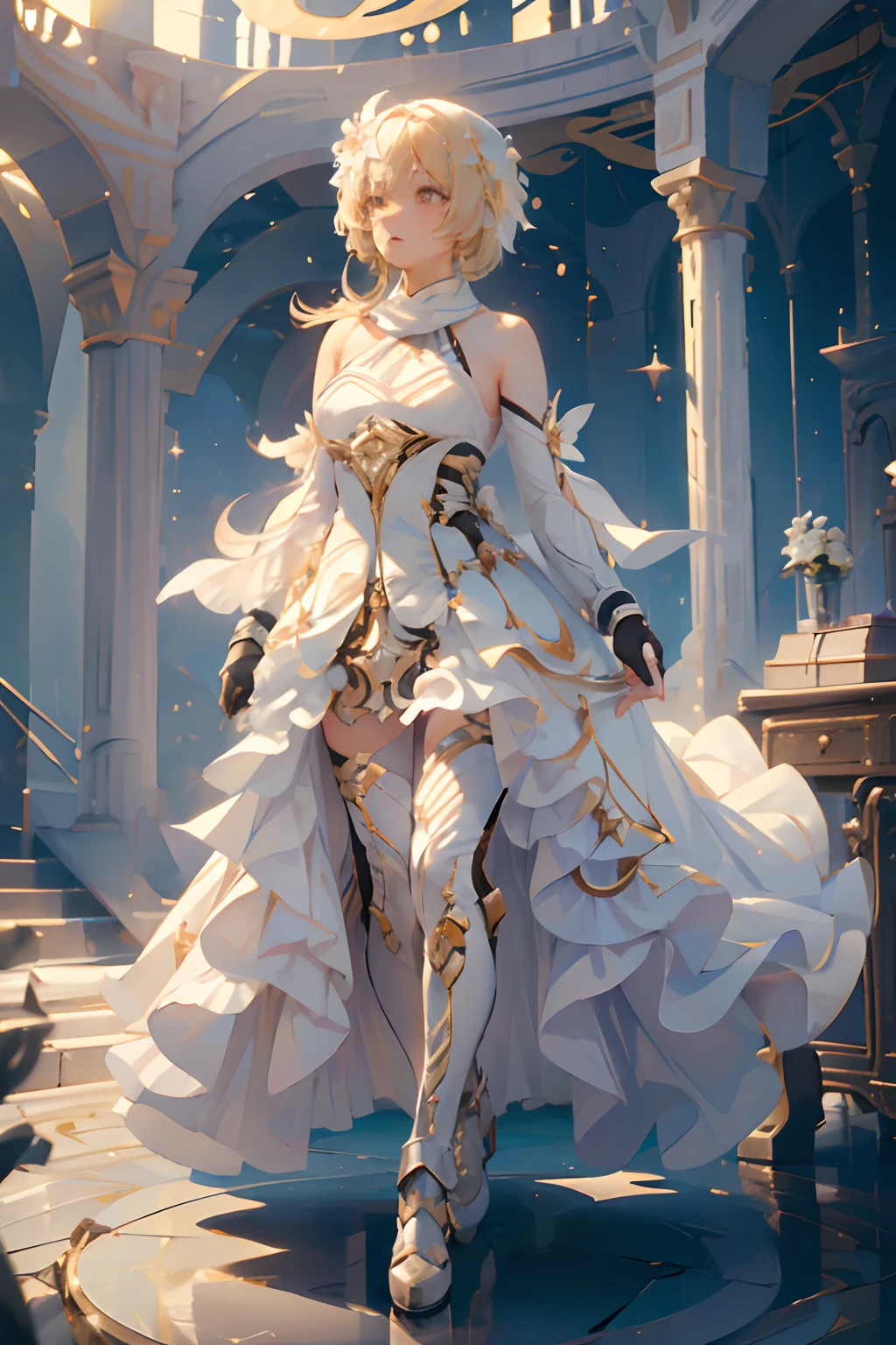 1 girl solo, short blond hair, white flower hair ornament, white dress, bare shoulders, detached sleeves, long white stockings, fingerless gloves, iridescent light, glowing rainbow crystals, sparkles, stars, in space, dark background with stars and galaxies, ((fullbody walking))