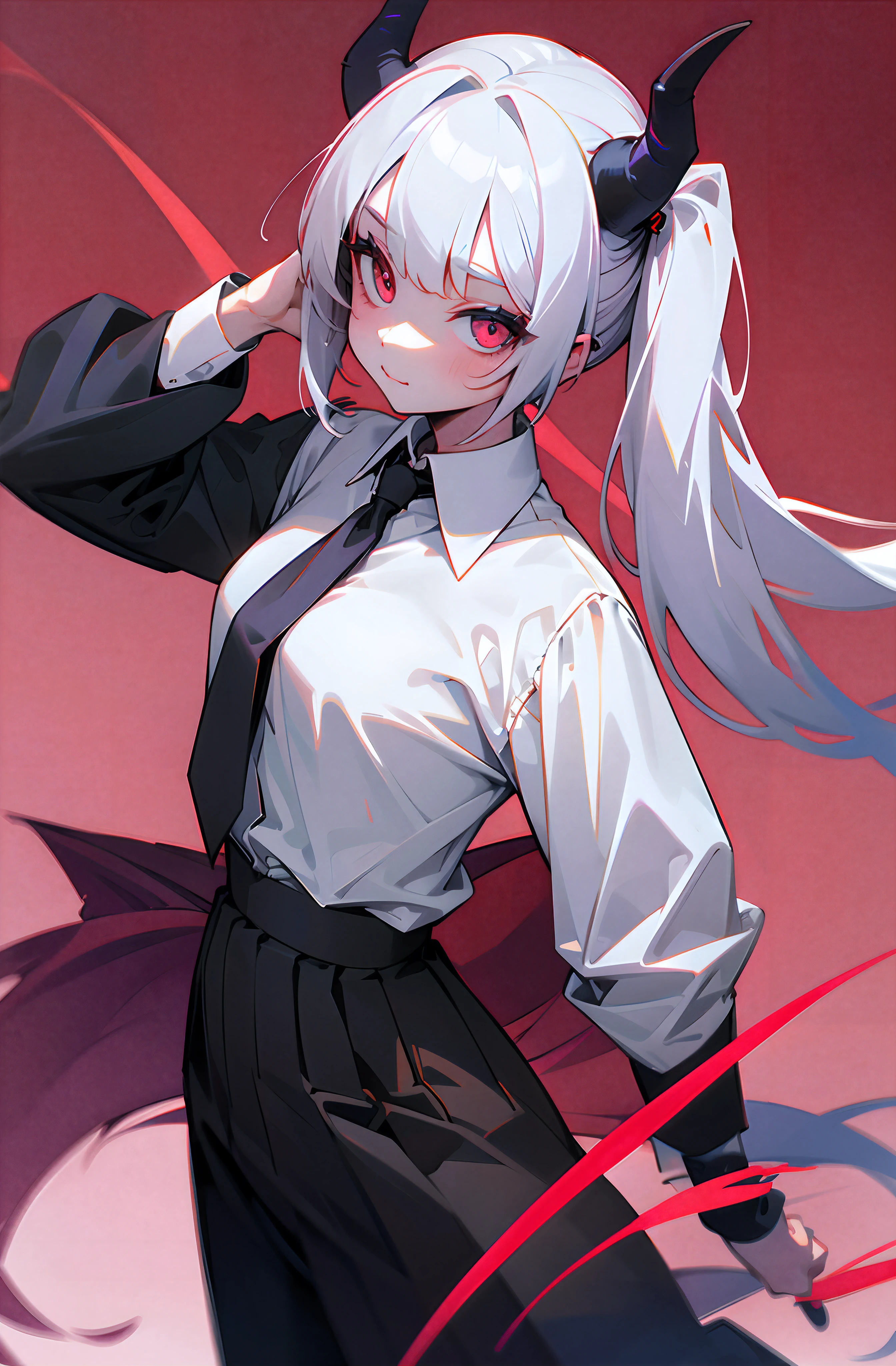 (Obra maestra, La mejor calidad, ultrahigh resolution), 1girl, standing, school uniform, white office shirt, black pleated skirt, ((light brown, light brown hair:0.7), long hair cut, pale skin, ((blue eyes)), glowing_eyes, neon eyes, (ultra detailed eyes, beautiful and detailed face, detailed eyes), ((centered)), smile, ((wide shot)), facing viewer, eye level, ((black background, red gritty angular background:0.9, CSM manga cover, 3D HD background)), flat chested, looking at viewer, ((half closed eyes)), ((perfect hands)), (((head, arms, hips, elbows, in view))), ((hands behind back)), empty eyes, beautiful lighting, background, defined subject, 25 years old, perfect anatomy, perfect body