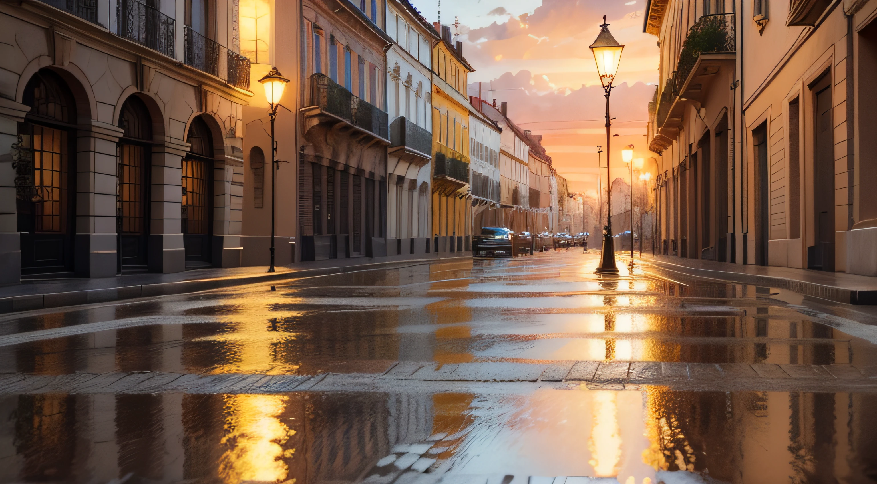 Oil painting of sunset in a European city from the 1940s, with beautiful neoclassical and French buildings, pocas personas, La tarde es lluviosa y se pueden ver los reflejos de personas y rostros en el pavimento, Elegant atmosphere, Muchos detalles, Render Lumion 8K, Renderizar la arquitectura del motor irreal, Muchos detalles, Cinematic yellow lighting in warm tones, Image in the style of an impressionist oil painting, Mucho, Manet Cézanne.