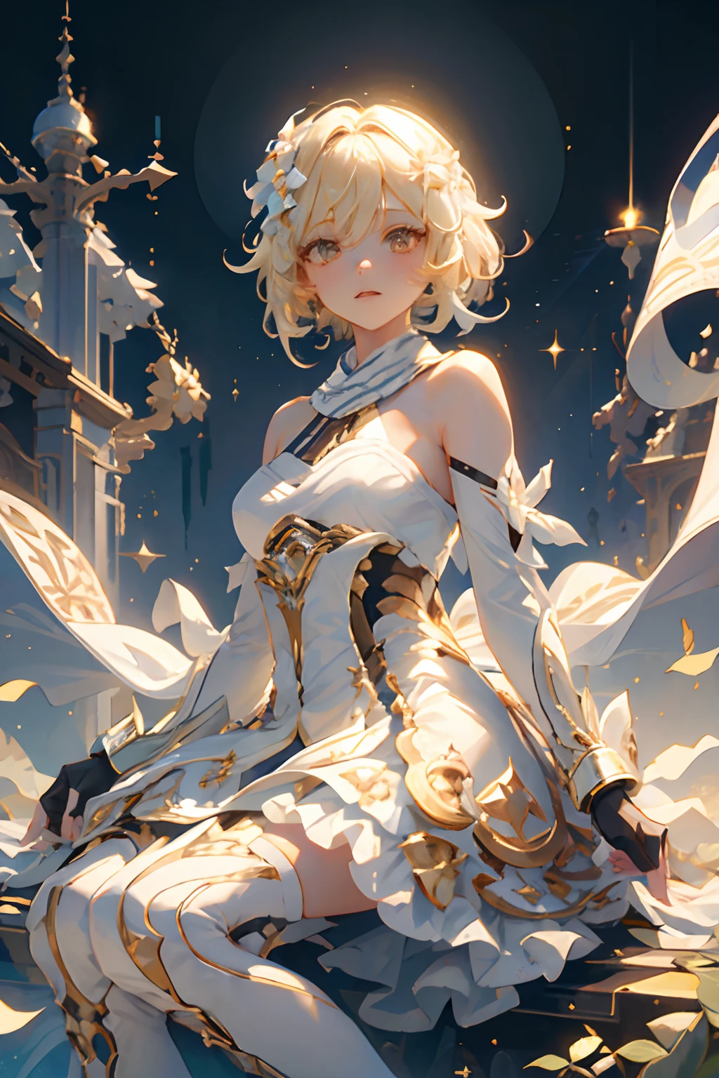 1 girl solo, short blond hair, white flower hair ornament, white dress, bare shoulders, detached sleeves, long white stockings, fingerless gloves, iridescent light, glowing rainbow crystals, sparkles, stars, floating in space, dark background with stars and galaxies