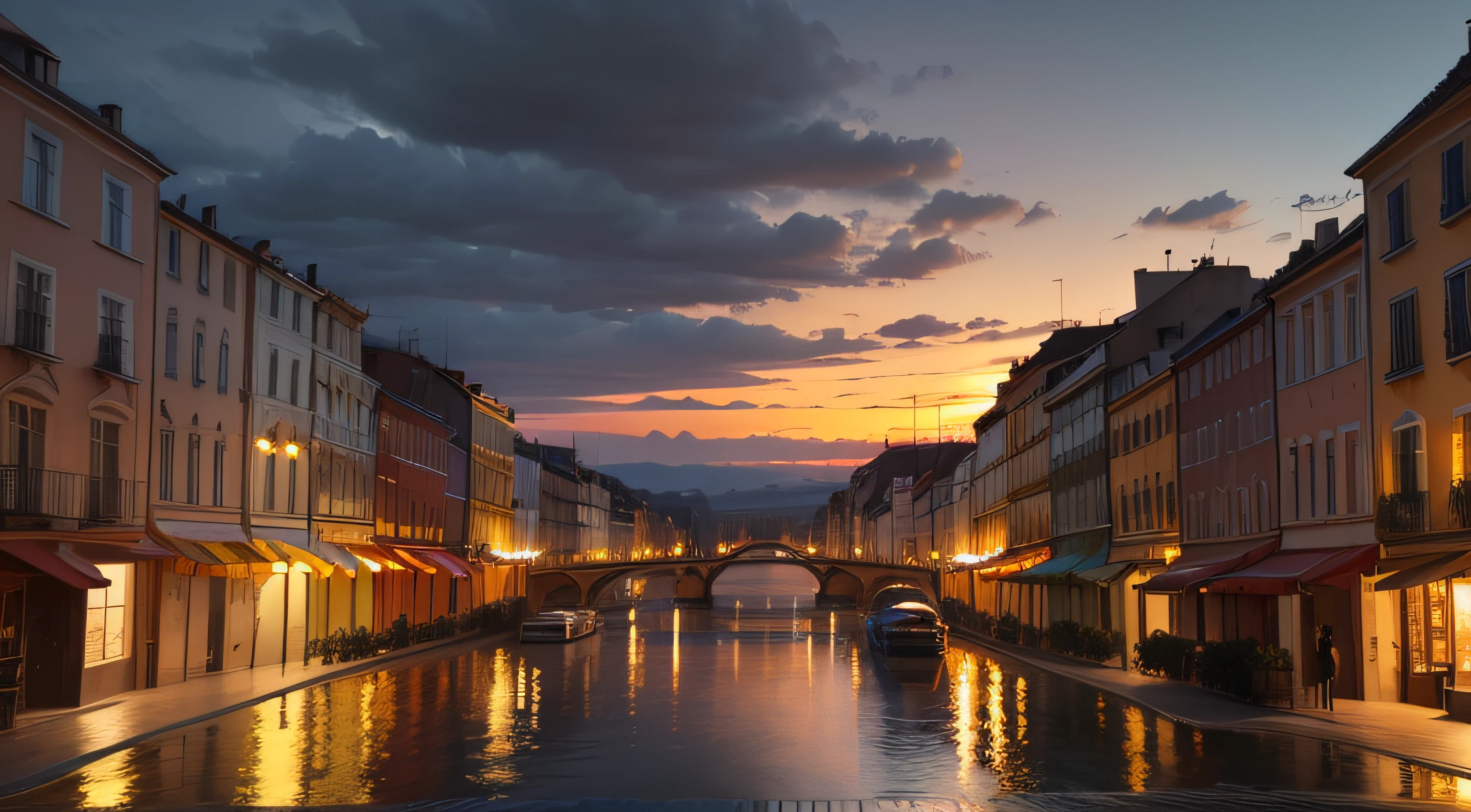 Oil painting of sunset in a European city from the 1940s, with beautiful neoclassical and French buildings, pocas personas, La tarde es lluviosa y se pueden ver los reflejos de personas y rostros en el pavimento, Elegant atmosphere, Muchos detalles, Render Lumion 8K, Renderizar la arquitectura del motor irreal, Muchos detalles, Cinematic yellow lighting in warm tones, Image in the style of an impressionist oil painting, Mucho, Manet Cézanne.