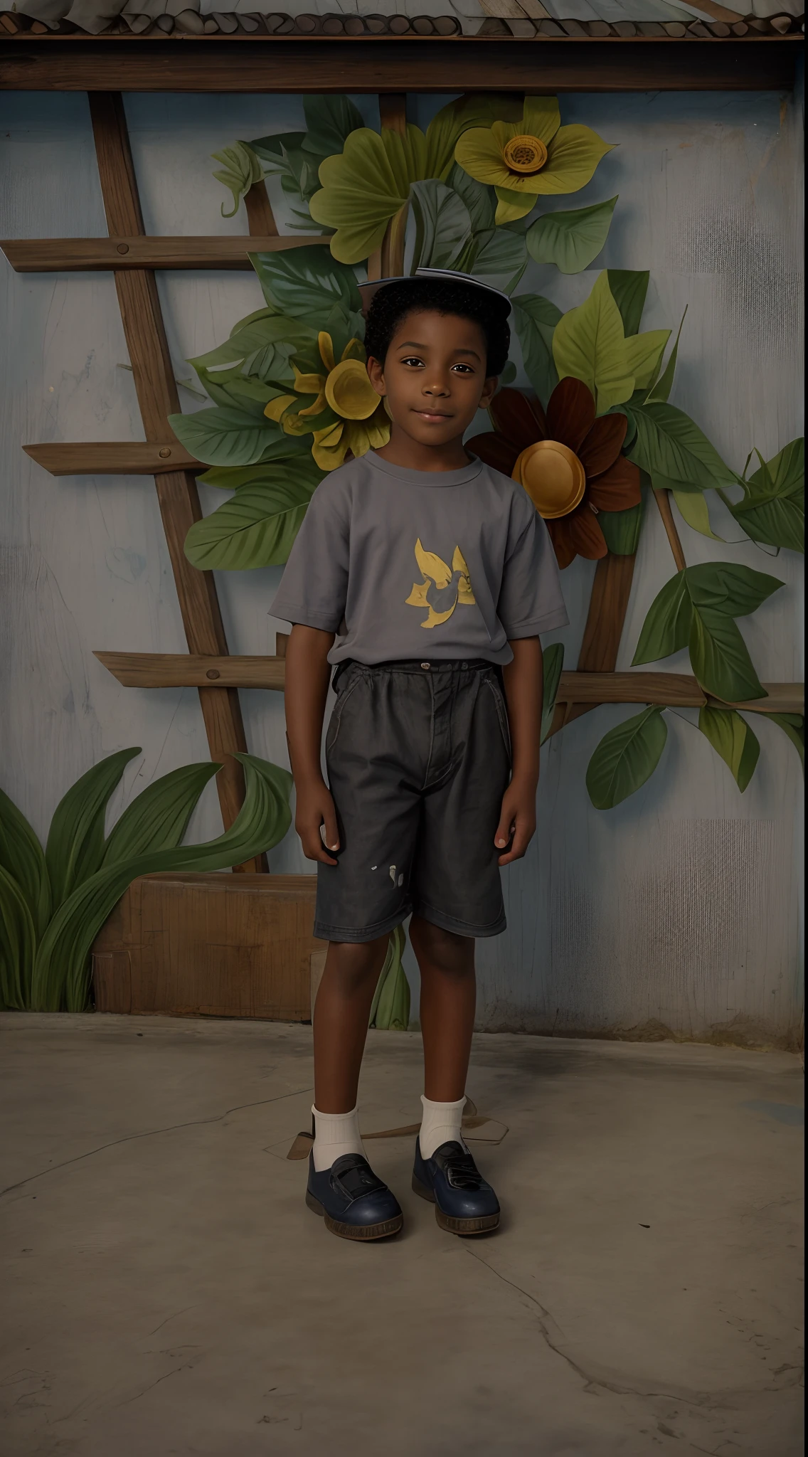 There is a 6-year-old male boy, estilo steam punk, Negroid phenotypic characteristics, olhos pequenos, Cor dos olhos negros, pele clara, cabelo cacheado estilo afro, Face alongada, diastema, green shorts, camisetas brancas, black shoes, meia branca, blue topper. Standing in front of a wall with 2D flowers drawn, is smiling and looking at the viewer, imagem antiga, em 1991, foto revelada antiga, rustic grey concrete floor (detalhes intricados) (melhor qualidade)