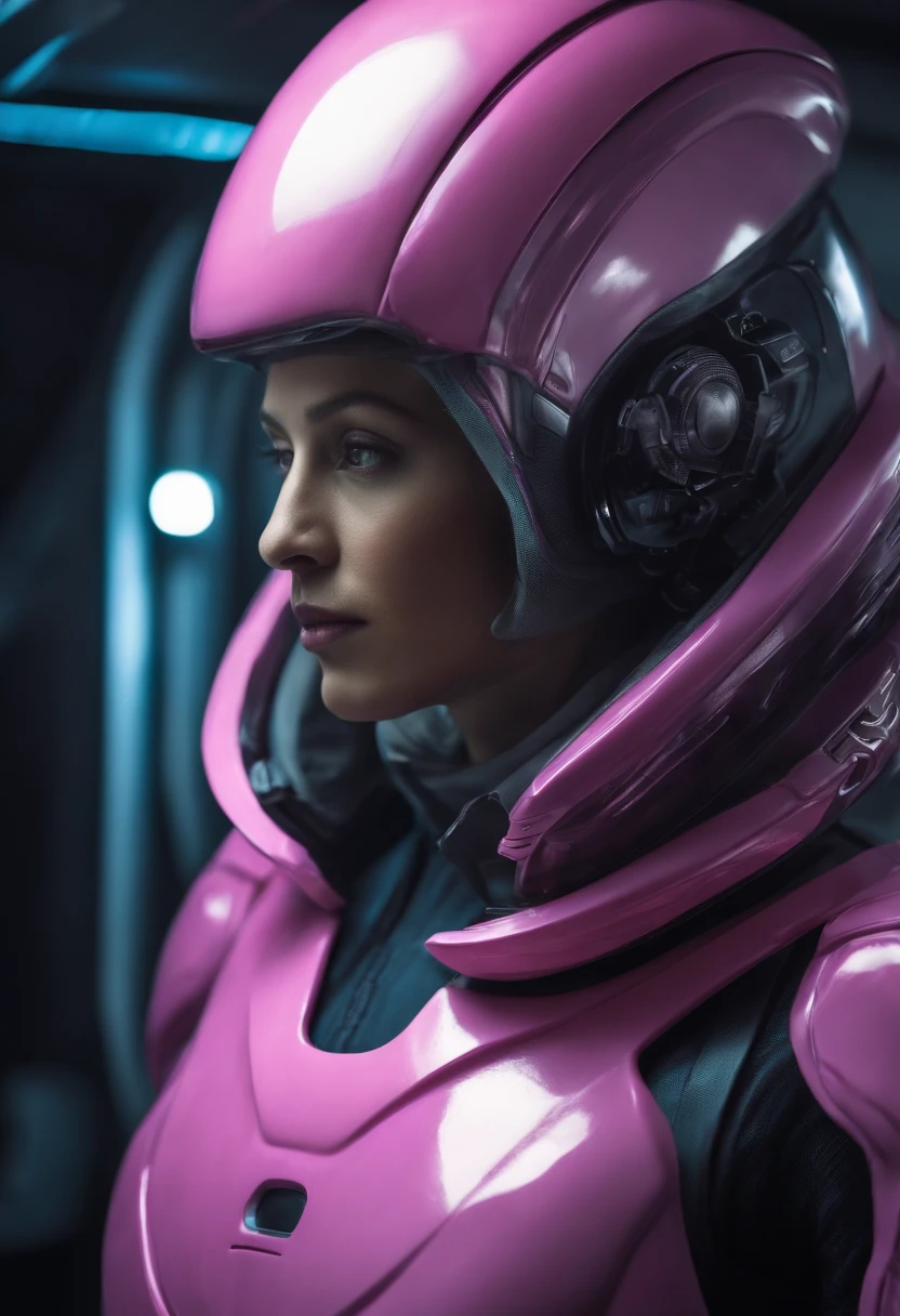 An alien hybrid man inside a starship wearing a realistic pink alien medical suit, a hyper-detailed alien, pink and purple and alien, alien looking, space alien Ete-Grey , Portrait of a large alien pupil Almond Exotic alien Pink Portrait of a humanoid alien, An alien, alien portrait, Hybrid alien Long-headed affectionate alien, futuristic alien features. ( Detalhes borrados do navio futurista)