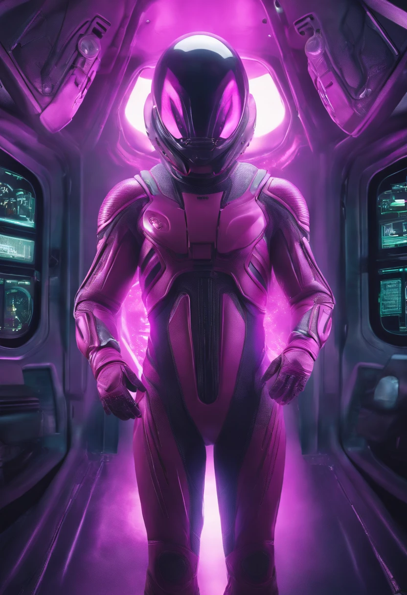 An alien hybrid man inside a starship wearing a realistic pink alien medical suit, a hyper-detailed alien, pink and purple and alien, alien looking, space alien Ete-Grey , Portrait of a large alien pupil Almond Exotic alien Pink Portrait of a humanoid alien, An alien, alien portrait, Hybrid alien Long-headed affectionate alien, futuristic alien features. ( Detalhes borrados do navio futurista)