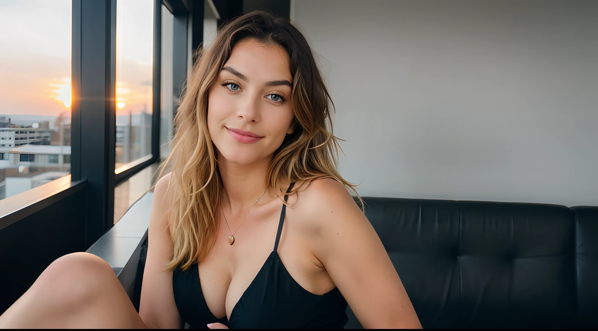 Cute beautiful blonde with black dress (Drinking coffee in a modern café at sunset), sehr detailliert, 21 Jahre alt, unschuldiges Gesicht, naturally wavy hair, blaue Augen, high-res, Meisterwerk, best qulaity, komplizierte Details, sehr detailliert, scharf Fokus, detaillierte Haut, realistische Hauttextur, Textur, detaillierte Augen, professionell, 4k, charming smile, aufgenommen mit Canon, 85 mm, light depth of field, Kodak Vision-Farbe, perfectly fitting body, extrem detailliert, Foto_\(ultra\), fotorealistisch, realistisch, Nachbearbeitung, maximale Details, Rauheit, echtes Leben, ultrarealistisch, Fotorealismus, Fotografie, 8k uhd, Fotografie