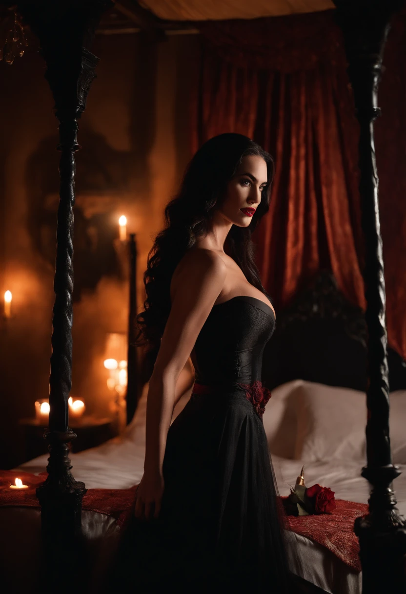 Masterpiece, Professional photography, 8k, ultrarealistic, skin pores, Megan Fox dressed as Vampira locked in a passionate kissing embrace with a beautiful darl haired girl, girl has expression of ectacy on her face,backround, gothic style bedroom, ornate four poster bed, red linen, illuminated by flaming torches and black candles