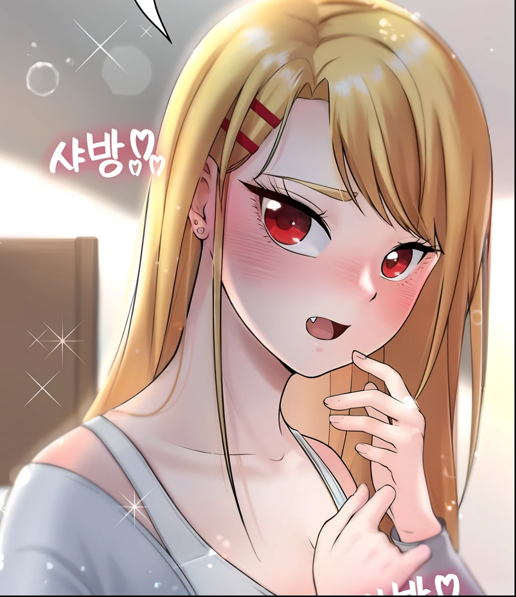 Imagem de uma menina com olhos vermelhos e uma camisa cinza, menina anime loira com cabelo longo, em estilo anime, Menina anime com cabelo longo, em estilo anime, Marin Kitagawa Fanart, menina anime sedutora, estilo anime ecchi, menina anime atraente, Gapmoe Yander, estilo de arte de anime, (menina anime), uma garota de anime, (corpo inteiro)