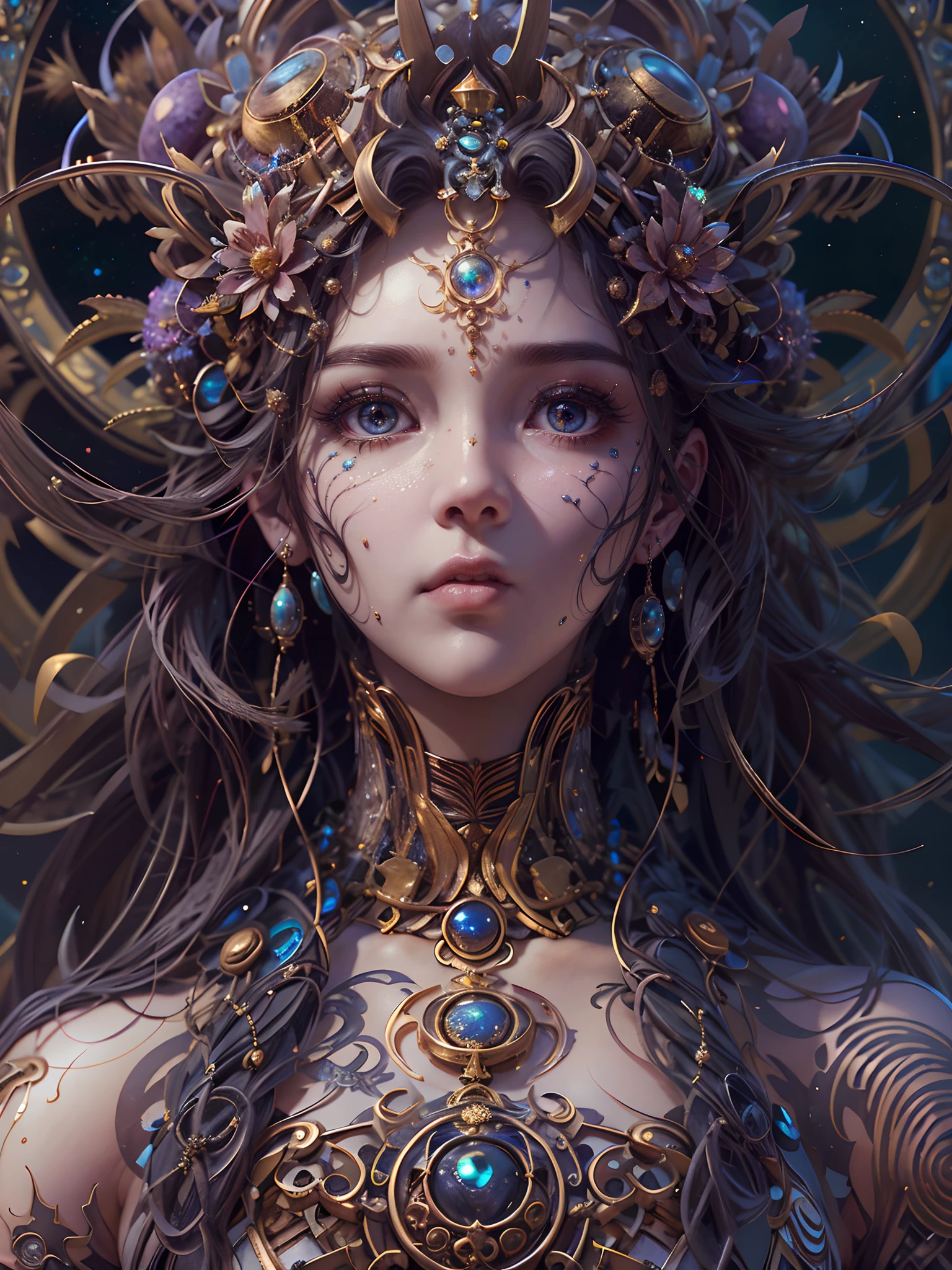 （best qualtiy，ultra - detailed，Most Best Illustration，Best shadow，tmasterpiece，A high resolution，professionalartwork，famousartwork），Detailed eyes，beautidful eyes，closeup cleavage，sci-fy，colored sclera，Robot eyes，face markings，Tattooed with，（fractalized，Fractal eyes），largeeyes，Wide eyes，（Eye focus），sface focus，Cosmic eyes，Space eyes，Close-up of metal sculpture of a woman with a moon in her hair，goddes。extremly high detail，3 d goddess portrait，Extremely detailed footage of the goddess，a stunning portrait of a goddess，Side image of the goddess，portrait of a beautiful goddess，Full body close-up portrait of the goddess，hecate goddess，portrait of a norse moon goddess，goddess of space and time