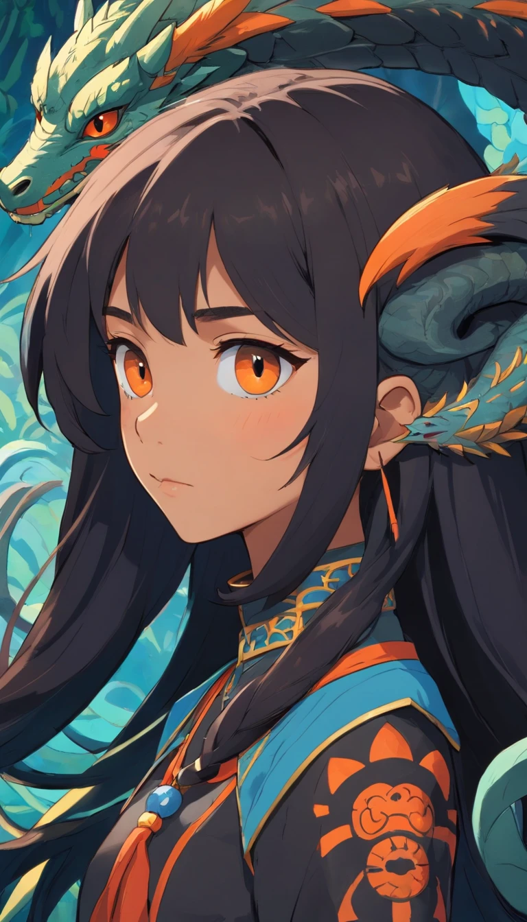 A dark-skinned teenage girl, schwarzes Haar mit Pferdeschwanz, der mit einem gelben Band befestigt wird, hellblaue Augen, (Black Tribal Costume) (Schwarze Stulpen mit orangefarbener Hervorhebung) their pupils are equal to those of lizards, light blue round lenses, Schwarze Kleidung. (Schwarzer Drachenschwanz 0.6)