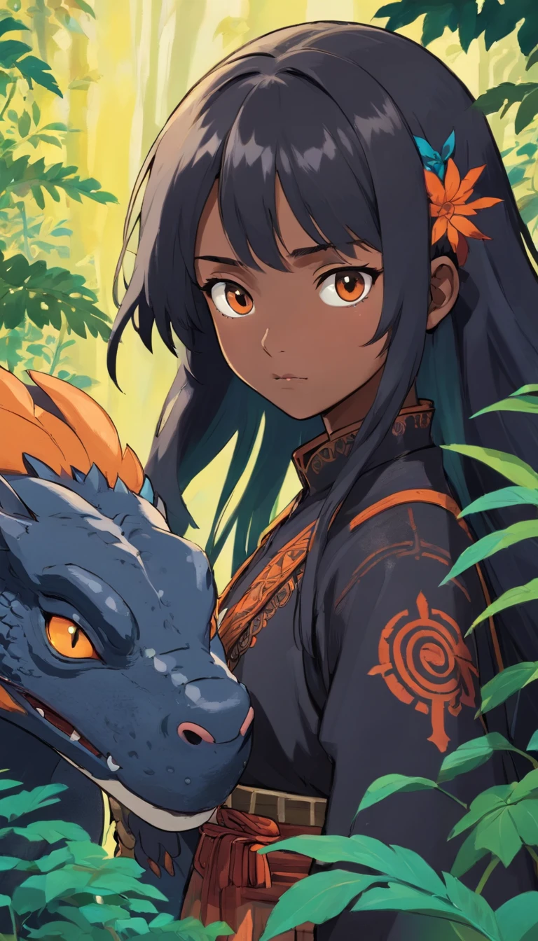 A dark-skinned age girl, schwarzes Haar mit Pferdeschwanz, der mit einem gelben Band befestigt wird, hellblaue Augen, (Black Tribal Costume) (Schwarze Stulpen mit orangefarbener Hervorhebung) their pupils are equal to those of lizards, light blue round lenses, Schwarze Kleidung. (Schwarzer Drachenschwanz 0.6)
