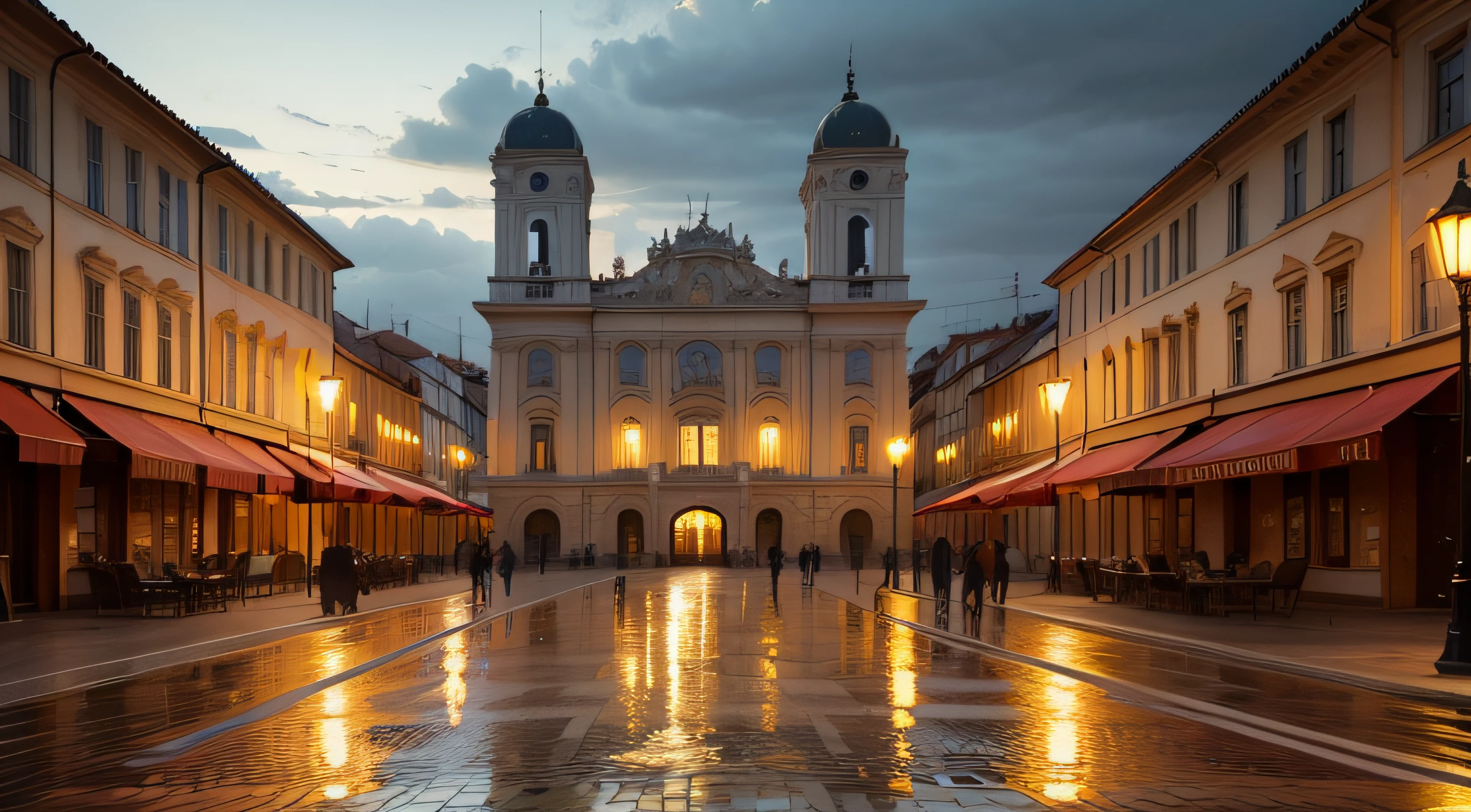 Oil painting of sunset in a European city from the 1940s, with beautiful neoclassical and French buildings,  La tarde es lluviosa y se pueden ver los reflejos de personas y rostros en el pavimento, Elegant atmosphere, Muchos detalles, Render Lumion 8K, Renderizar la arquitectura del motor irreal, Muchos detalles, Cinematic yellow lighting in warm tones, Image in the style of an impressionist oil painting, Mucho, Manet Cézanne.