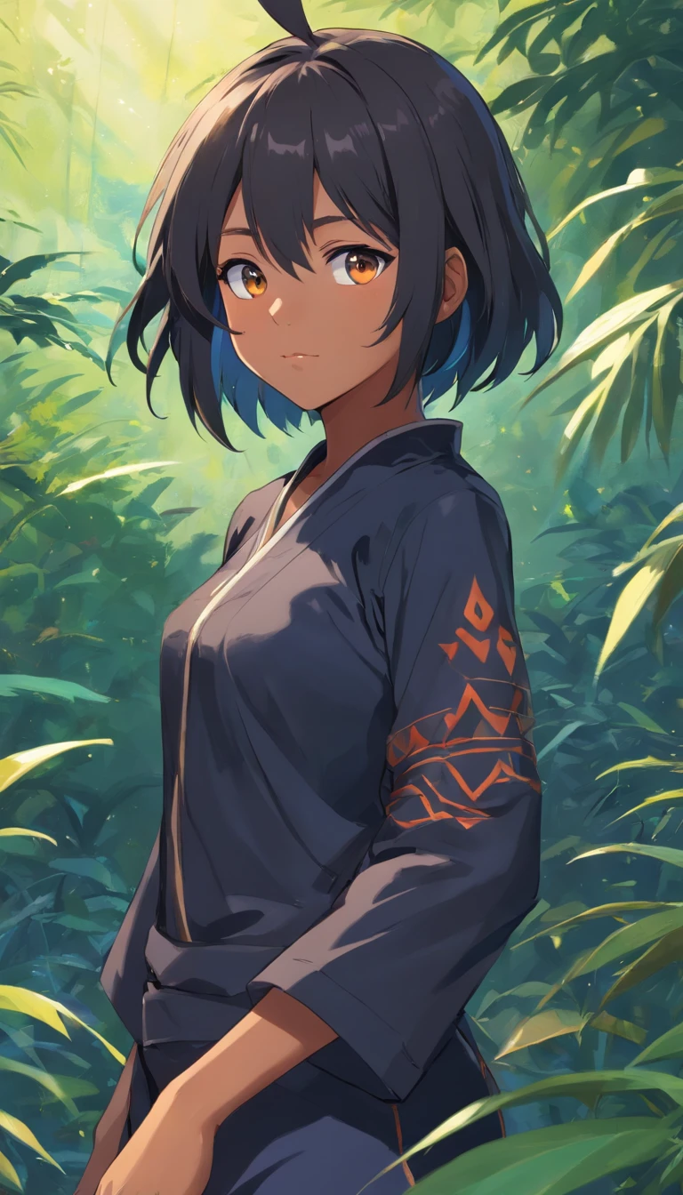 A dark-skinned teenage girl, schwarzes Haar mit Pferdeschwanz, der mit einem gelben Band befestigt wird, hellblaue Augen, (Black Tribal Costume) (Schwarze Stulpen mit orangefarbener Hervorhebung) their pupils are equal to those of lizards, light blue round lenses, Schwarze Kleidung. (Schwarzer Drachenschwanz 0.6)