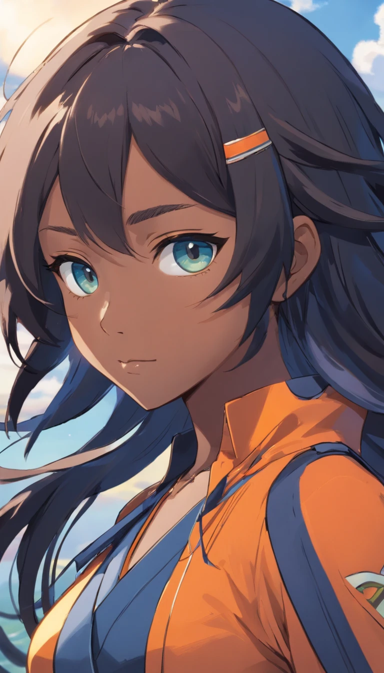 A dark-skinned age girl, schwarzes Haar mit Pferdeschwanz, der mit einem gelben Band befestigt wird, hellblaue Augen, (Black Tribal Costume) (Schwarze Stulpen mit orangefarbener Hervorhebung) their pupils are equal to those of lizards, light blue round lenses, Schwarze Kleidung. (Schwarzer Drachenschwanz 0.6)