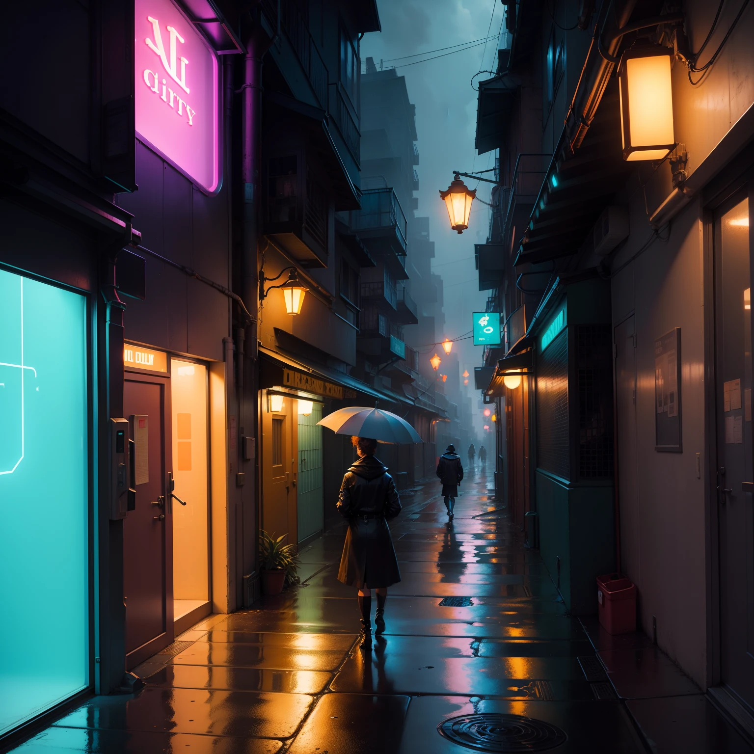 Alleyway in a beautiful futuristic neon city on a rainy day in the style of a Norman Rockwell painting