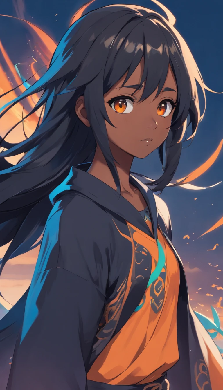 A dark-skinned teenage girl, schwarzes Haar mit Pferdeschwanz, der mit einem gelben Band befestigt wird, hellblaue Augen, (Black Tribal Costume) (Schwarze Stulpen mit orangefarbener Hervorhebung) their pupils are equal to those of lizards, light blue round lenses, Schwarze Kleidung. (Schwarzer Drachenschwanz 0.6)