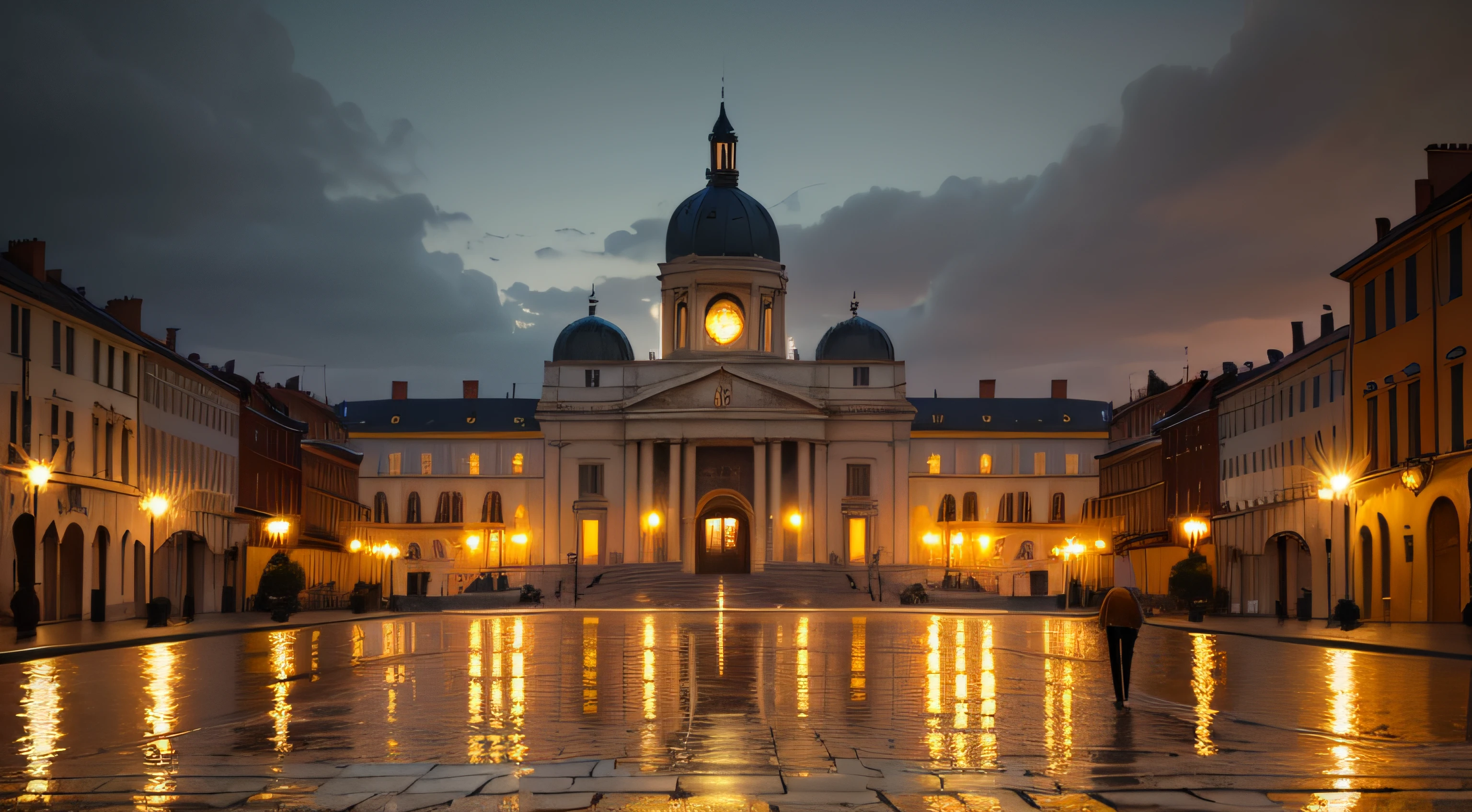 Oil painting of sunset in a European city from the 1940s, with beautiful neoclassical and French buildings,  La tarde es lluviosa y se pueden ver los reflejos de personas y rostros en el pavimento, Elegant atmosphere, Muchos detalles, Render Lumion 8K, Renderizar la arquitectura del motor irreal, Muchos detalles, Cinematic yellow lighting in warm tones, Image in the style of an impressionist oil painting, Mucho, Manet Cézanne.