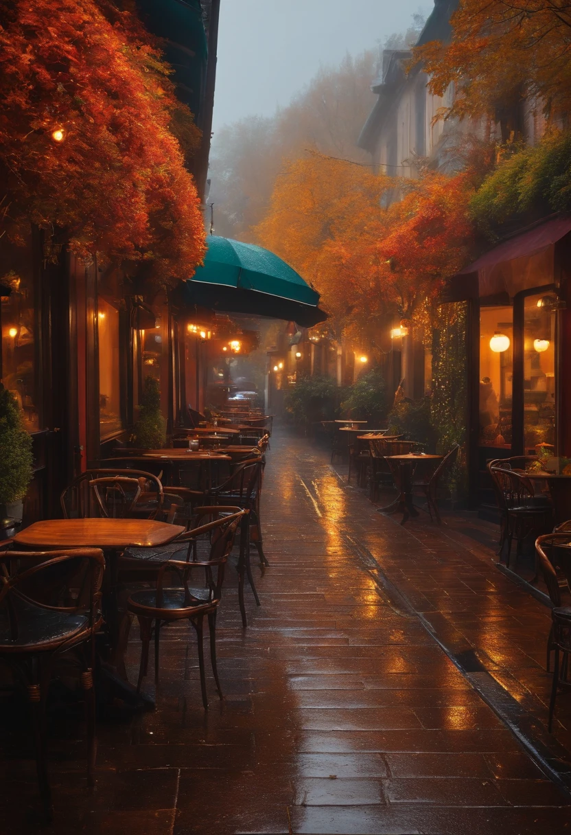 A cozy cafe in autumn rain