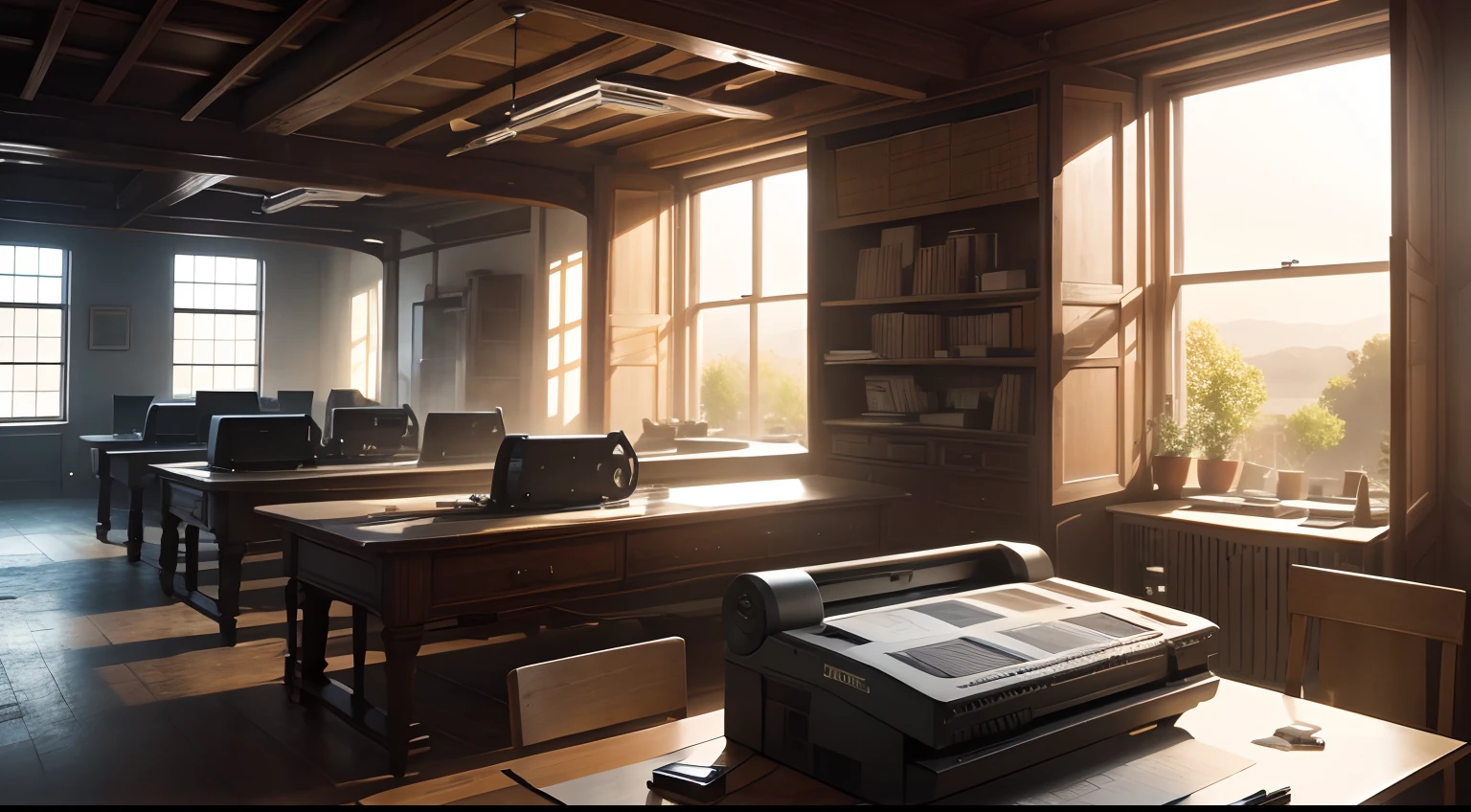printing office, tables plotters, computers, printers, cutter, working in the background ,warm light, remote camera,HDR, 8K