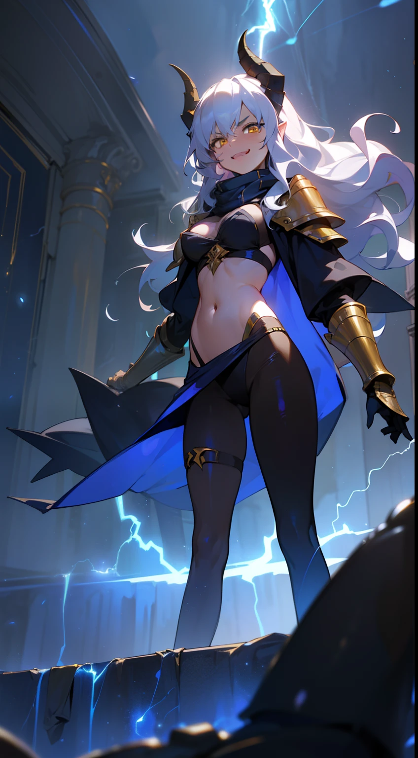 girl,brown skin, hidden arms,long hair, white hair,curly hair,yellow eyes,(((villain,psycho,villain smile, psychopath, angry))), medium boobs,show belly,,gold armor outfit,long black stockings, detailed clothes, masterpiece, hyper realistic, high definition,black horns,black pantyhose,elves ears,yellow scarf (((standing inside of a mansion in night))),(((lightning blue surrounding, glistening blue sparks,lightnings on body)))