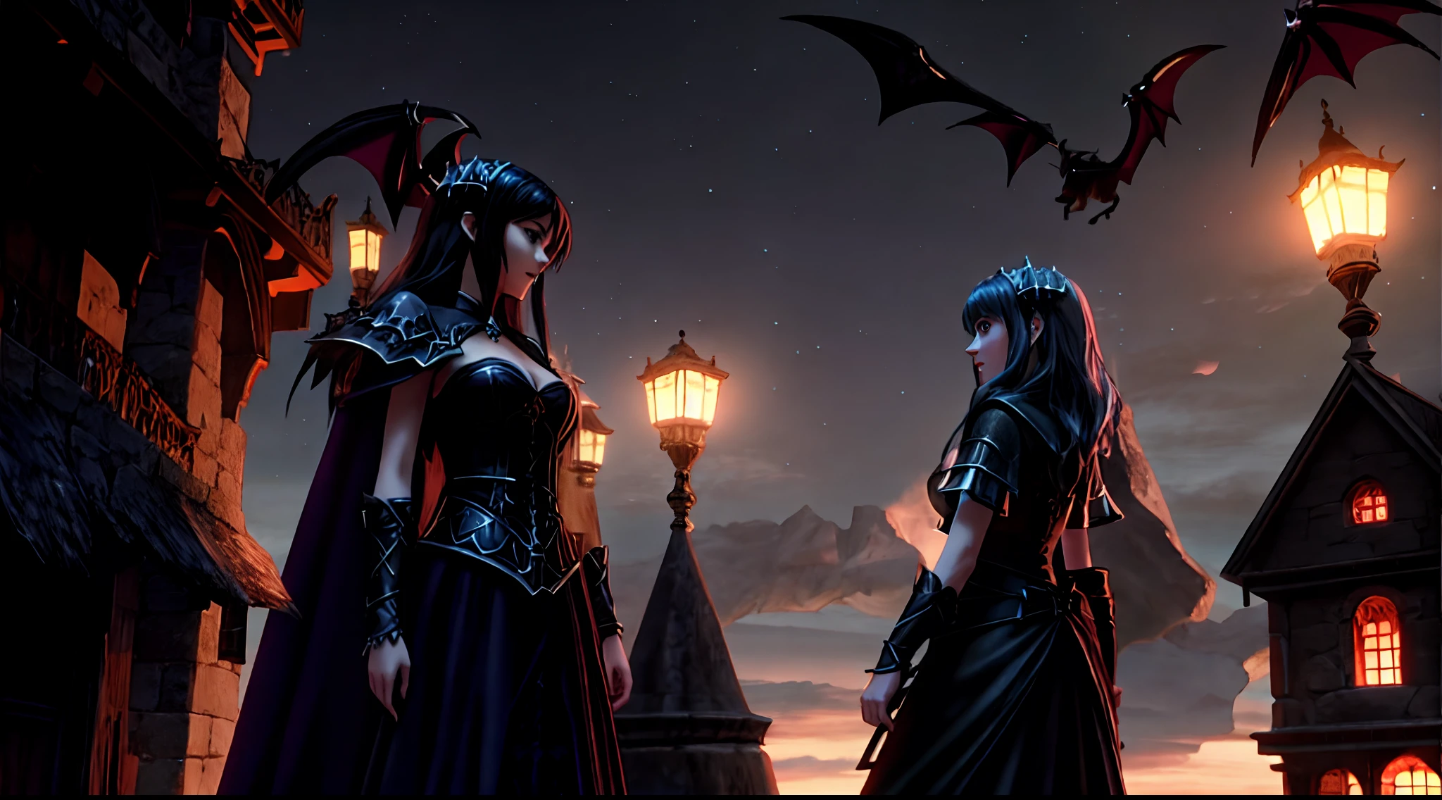 Two women in Gothic costumes standing in front of a castle, una de ellas con la cara de Emma Stone, 2. 5 d cgi anime fantasy artwork, Epic Story of the Twin Sisters, (Renderizado de octanaje) fantasy style, dark fantasy style art, Estilo Fantasy 8 K Octano Render, dark fantasy style, gothic fantasy art, vampiros de anime, Epic Fantasy Art Style HD, Epic 8K HD Anime Shot, Vampires Fantasy