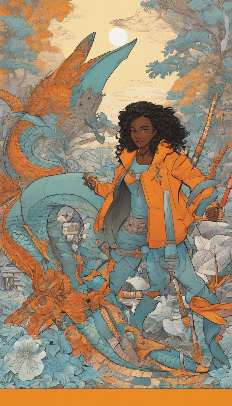 A dark-skinned teenage girl, schwarzes Haar mit Pferdeschwanz, der mit einem gelben Band befestigt wird, hellblaue Augen, (Black Tribal Costume) (Schwarze Stulpen mit orangefarbener Hervorhebung) their pupils are equal to those of lizards, light blue round lenses, Schwarze Kleidung. (Schwarzer Drachenschwanz 0.6)