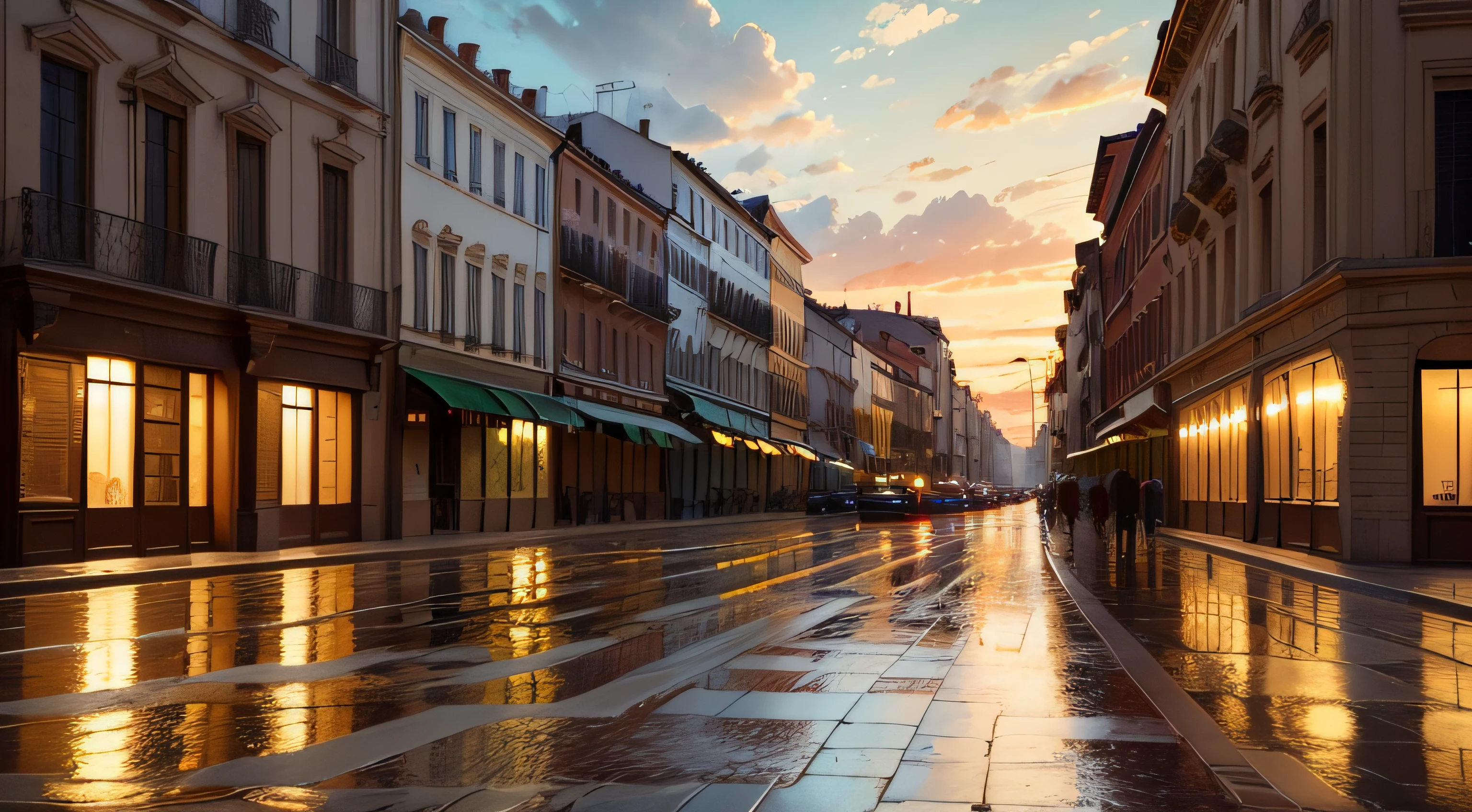 Oil painting of sunset in a European city from the 1940s, with beautiful neoclassical and French buildings, La tarde es lluviosa y se pueden ver los reflejos de personas y rostros en el pavimento, Elegant atmosphere, Muchos detalles, Render Lumion 8K, Renderizar la arquitectura del motor irreal, Muchos detalles, Cinematic yellow lighting in warm tones, Image in the style of an impressionist oil painting, Mucho, Manet Cézanne.