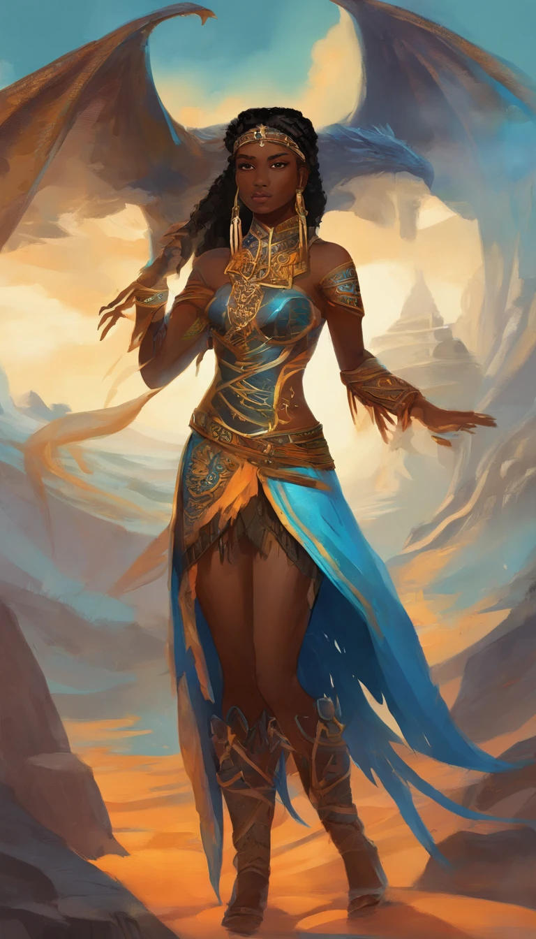 A dark-skinned teenage girl, schwarzes Haar mit Pferdeschwanz, der mit einem gelben Band befestigt wird, hellblaue Augen, (Black Tribal Costume) (Schwarze Stulpen mit orangefarbener Hervorhebung) their pupils are equal to those of lizards, light blue round lenses, Schwarze Kleidung. (Schwarzer Drachenschwanz 0.6)