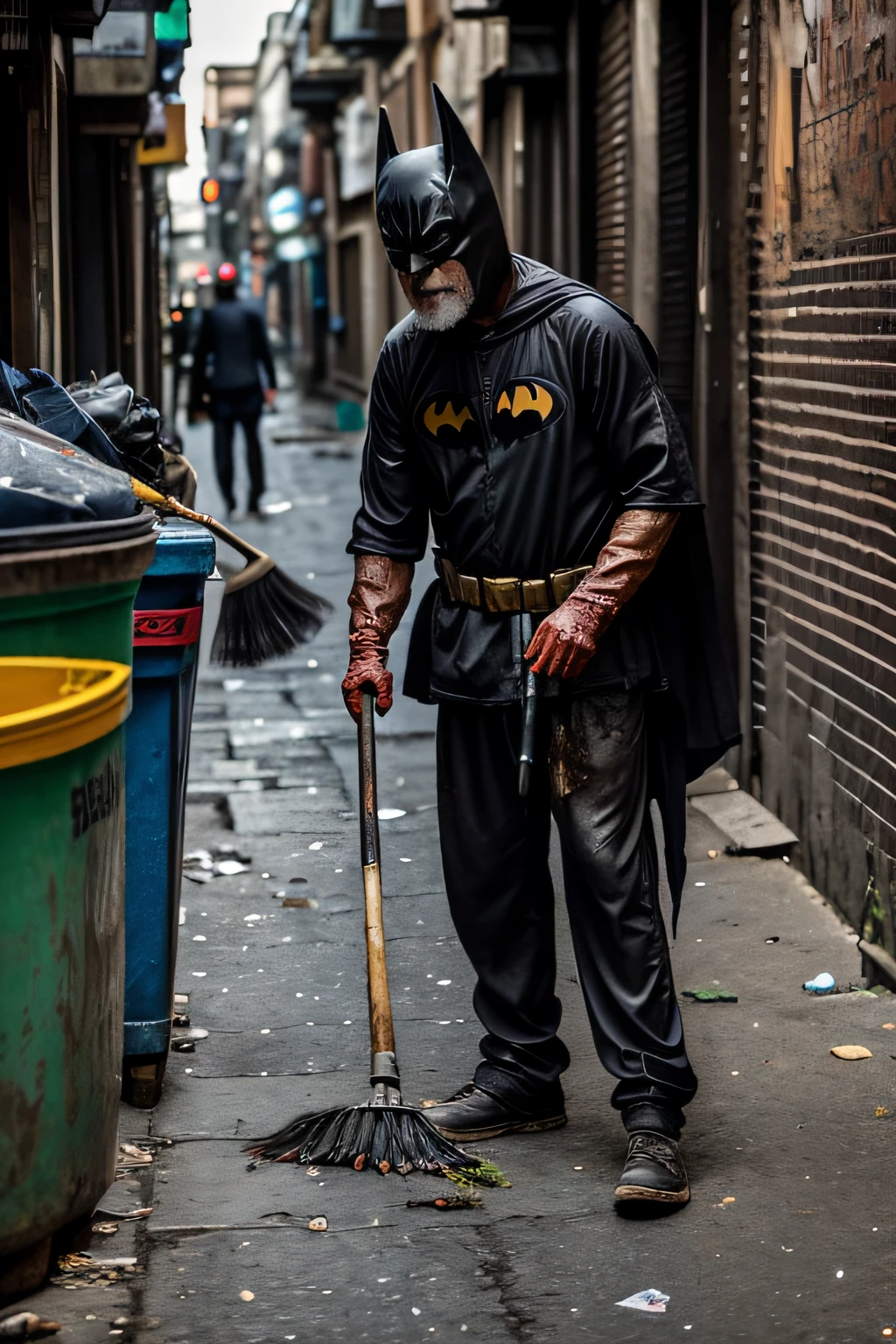 an old man beggar wearing a Batman suit, was sweeping with a broom, cleaning up rubbish on a busy city street, trash on the road,wight:1, ((medium range)), solo, red eyes, bloody, moss, dirty, rotting decaying flesh, dark cinematic lighting, (urban alley: 1.5), trash cans, rats, roaches