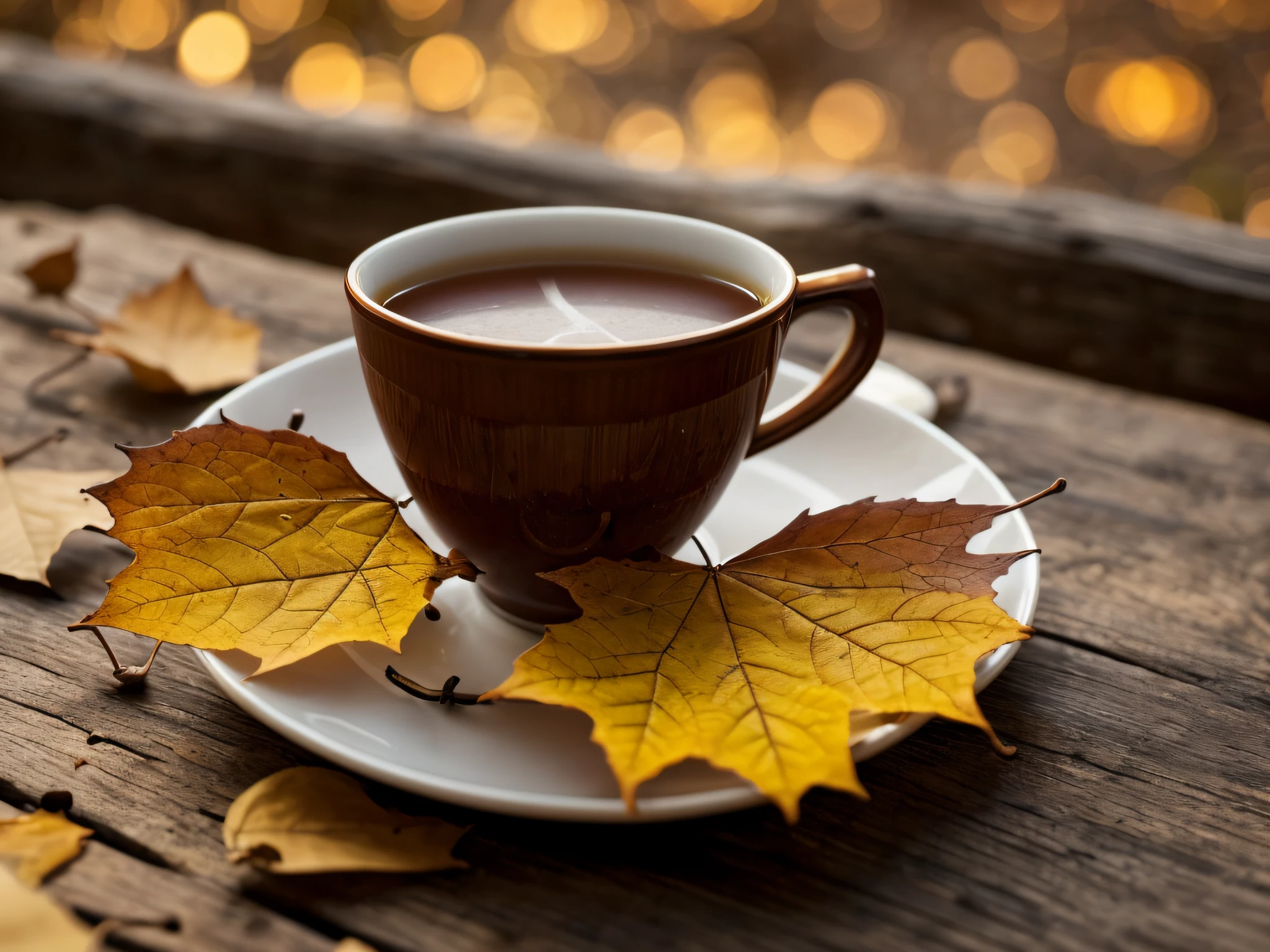 La mejor calidad,4k,8k,Altas Resoluciones,Obra maestra:1.2,Ultra detallado,realista,fotorrealista:1.37 Close-up of a steaming cup of hot milk on a rustic table depicting autumn,Autumn atmosphere,Profundidad de campo vertical de madera,terroso,Organic fine porcelain tea cup,vapor que se eleva de la copa,Visible wisps of steam Autumn leaves scattered on the table,algunas hojas cayendo en el fondo,Fallen leaves on soft soil,Filtered natural lighting,Warm golden tones Subtle bokeh effect,Some parts of the background are out of focus Detailed table texture,granos visibles e imperfecciones rico,Deep colors that evoke the feeling of the autumn season Attention to fine details such as condensation drops in the cup Emphasis on the warmth and comfort of the scene Light hint of cinnamon or nutmeg in the air,sugiriendo un toque de especias en la bebida.