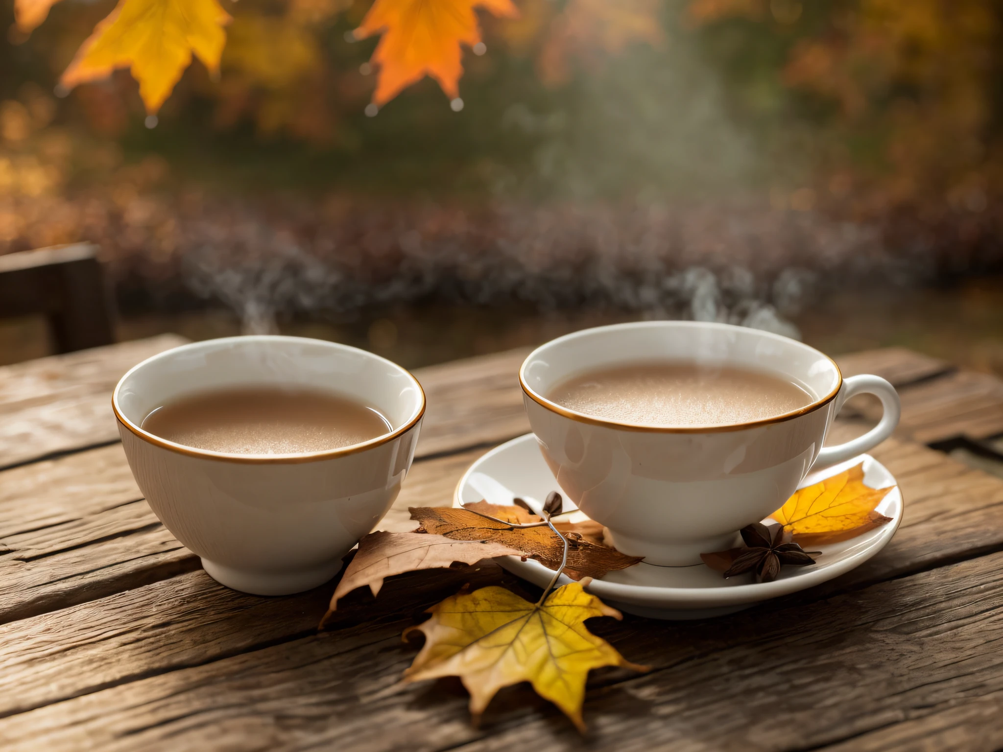 La mejor calidad,4k,8k,Altas Resoluciones,Obra maestra:1.2,Ultra detallado,realista,fotorrealista:1.37 Close-up of a steaming cup of hot milk on a rustic table depicting autumn,Autumn atmosphere,Profundidad de campo vertical de madera,terroso,Organic fine porcelain tea cup,vapor que se eleva de la copa,Visible wisps of steam Autumn leaves scattered on the table,algunas hojas cayendo en el fondo,Fallen leaves on soft soil,Filtered natural lighting,Warm golden tones Subtle bokeh effect,Some parts of the background are out of focus Detailed table texture,granos visibles e imperfecciones rico,Deep colors that evoke the feeling of the autumn season Attention to fine details such as condensation drops in the cup Emphasis on the warmth and comfort of the scene Light hint of cinnamon or nutmeg in the air,sugiriendo un toque de especias en la bebida.