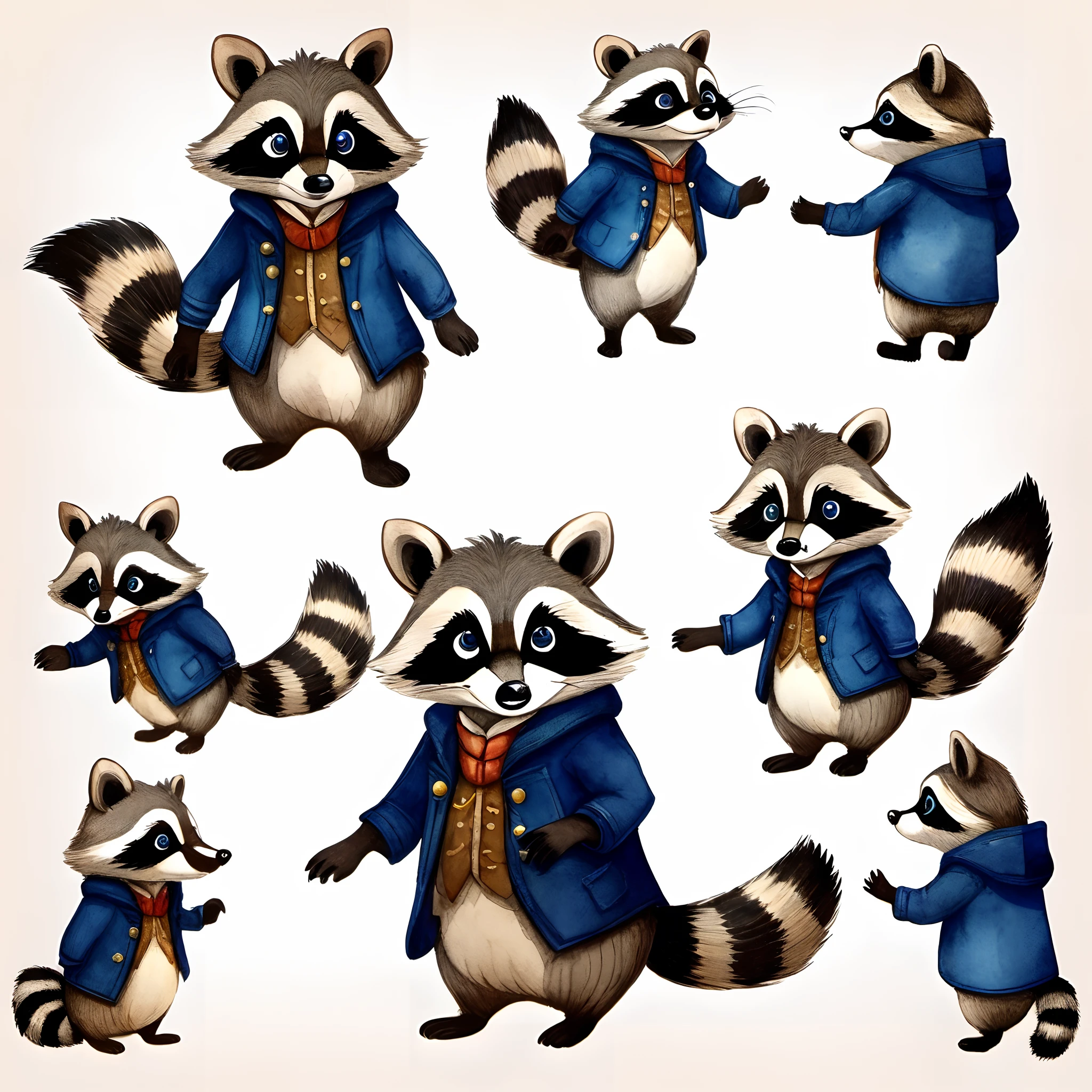Cute little anthropomorphic raccoon on two legs in different 10 poses, in a blue coat of the 19th century without pockets, Character Sheet, sitting, standing, in front, side, back, Multiple postures and facial expressions, watercolour, kids book illustration, beatrice potter style, Watercolor, trending on artstation, sharp focus, studio photo, intricate details, higfly detailed,