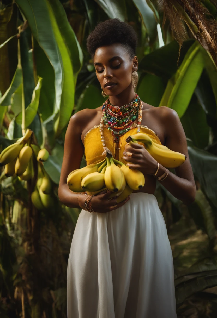 Kizi, wearing skin in the kitching, saugt an einer Banane, UHD-Hintergrundbild
