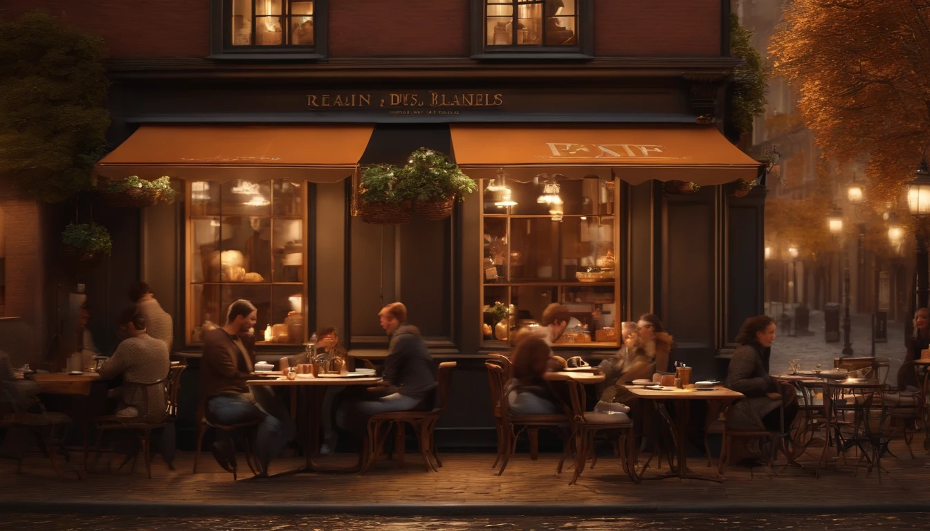 (best quality,4k,8k,highres,masterpiece:1.2),ultra-detailed,(realistic,photorealistic,photo-realistic:1.37),cosy cafe,autumn rain wallpaper,wooden tables and chairs,soft lighting,steam rising from cups of coffee,people huddled under umbrellas outside,fallen leaves on the ground,rustic brick walls,baristas busy at work,smell of freshly brewed coffee,warm and friendly atmosphere,laptop on the table,natural color palette,relaxing jazz music playing,coffee art on cappuccinos,vintage coffee machines,window overlooking a quaint street,cozy seating corners,bookshelves filled with books,A girl reading a book in a corner,artful paintings on the walls,aroma of freshly baked pastries,seasonal decor with pumpkins and leaves,flickering candles on each table,taste