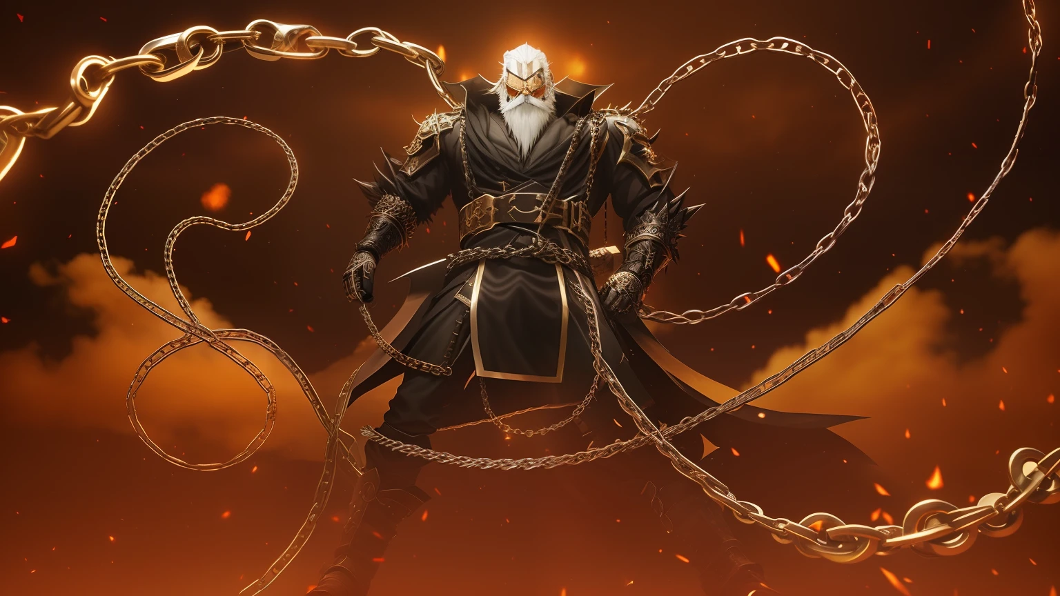 anime character white beard with chains and a darkness in the background, death god, chained man, rendered, the the man is wrapped in chains, badass pose, human angel, chain conjuring armoured , badass composition, badass look, male god, by Ren Bonian